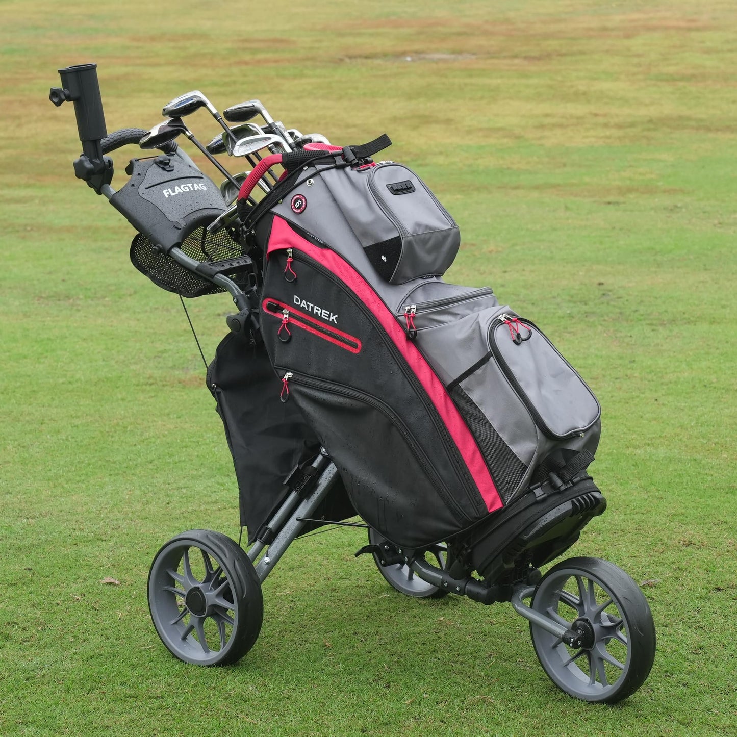 FLAGTAG Golf Push Cart 3 Wheel,Foldable Golf Push Cart,Golf Bag Cart with Foot Brake,Umbrella Holder, Cup Holder, Storage Compartment