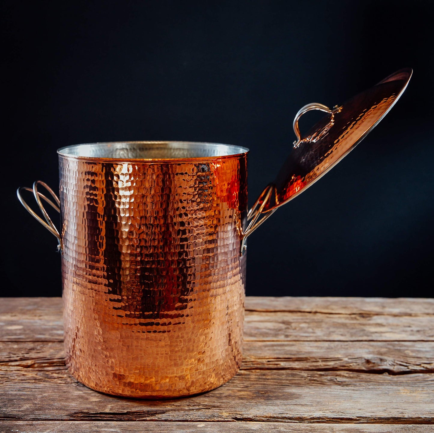 Sertodo Copper Big Beautiful Stock Pot with Lid | 14 Qt Capacity | 10 in Diameter, 12 in Deep | Pure Copper, Heavy Gauge, Hand Hammered | Patented Stainless Steel Handle System | Functional, Stylish