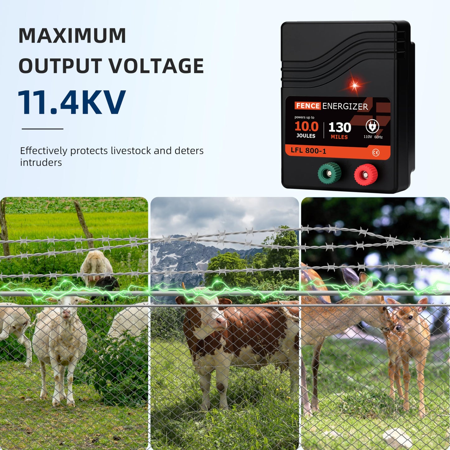 Electric Fence Charger AC Powered 130 Miles, 110 Volt 10 Joule Plug-in Electric Fence Energizer, Output Voltage Max 11.4 KV for Livestock, Preventing Predators from Intruding
