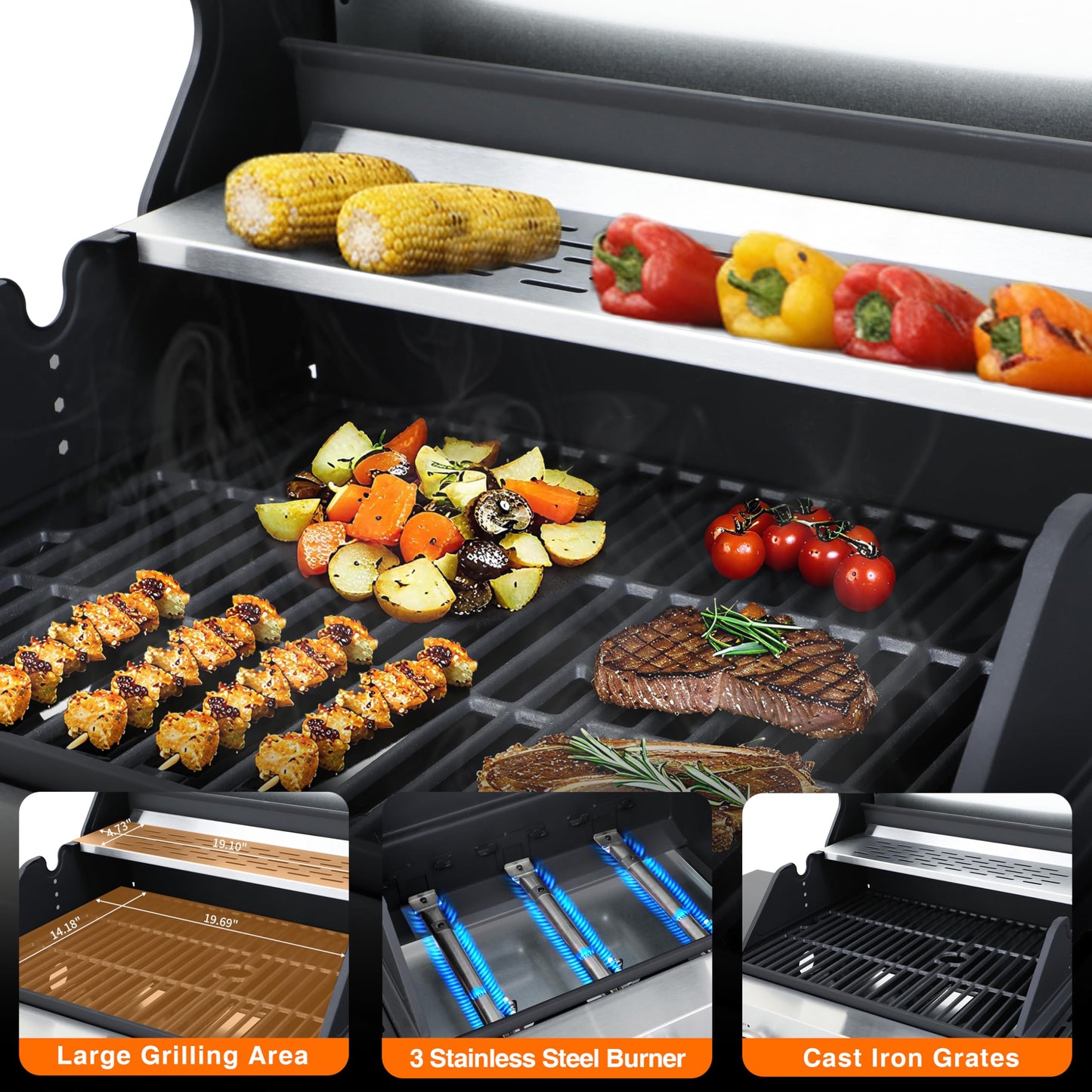 IdeaMaxx 3-Burner Propane Grill for Backyard - 37,230 BTU BBQ with Side Burner, Porcelain Cast Iron Grates, Stainless Steel Outdoor Grill for Camping & Tailgating, Fast Heating