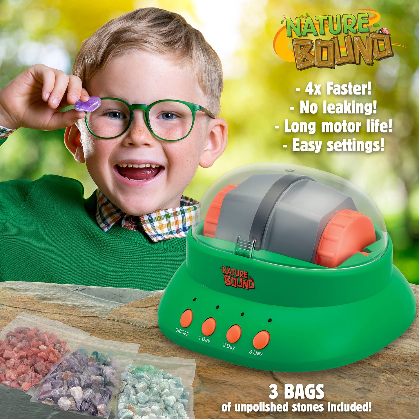 Nature Bound Starter Rock Tumbler Kit for Kids– Includes Rough Gemstones, Polishing Grits, Jewelry Fastenings, and Instructions – Great STEM Science Kit for The Future Geologist, Boys & Girls Ages 8+