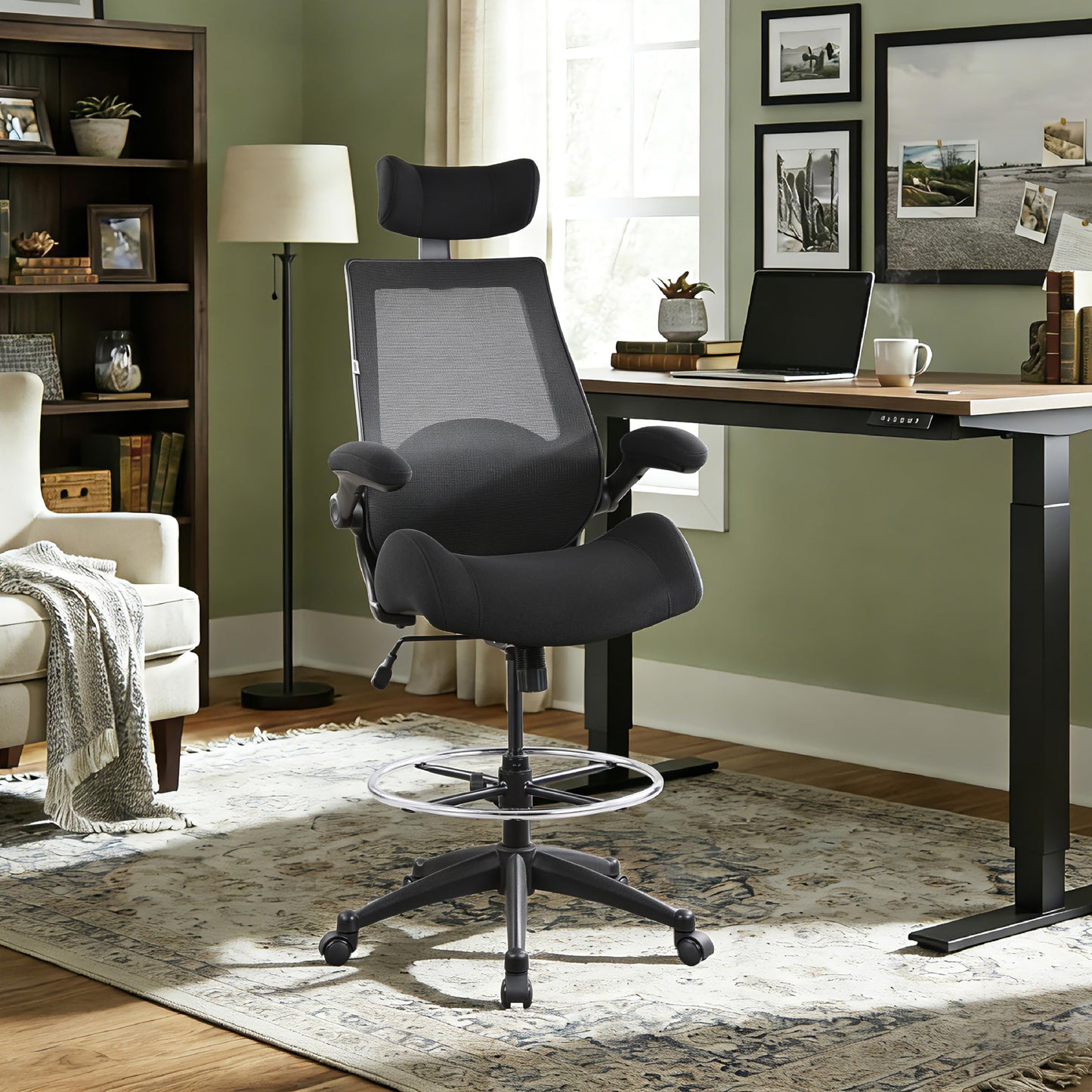 BOLISS Drafting Office Chair 400lbs High Back Wide Standing Desk Chair Comfortable with Flip up Armrests Lumbar Support Adjustable Big Footrest Ring(Black)