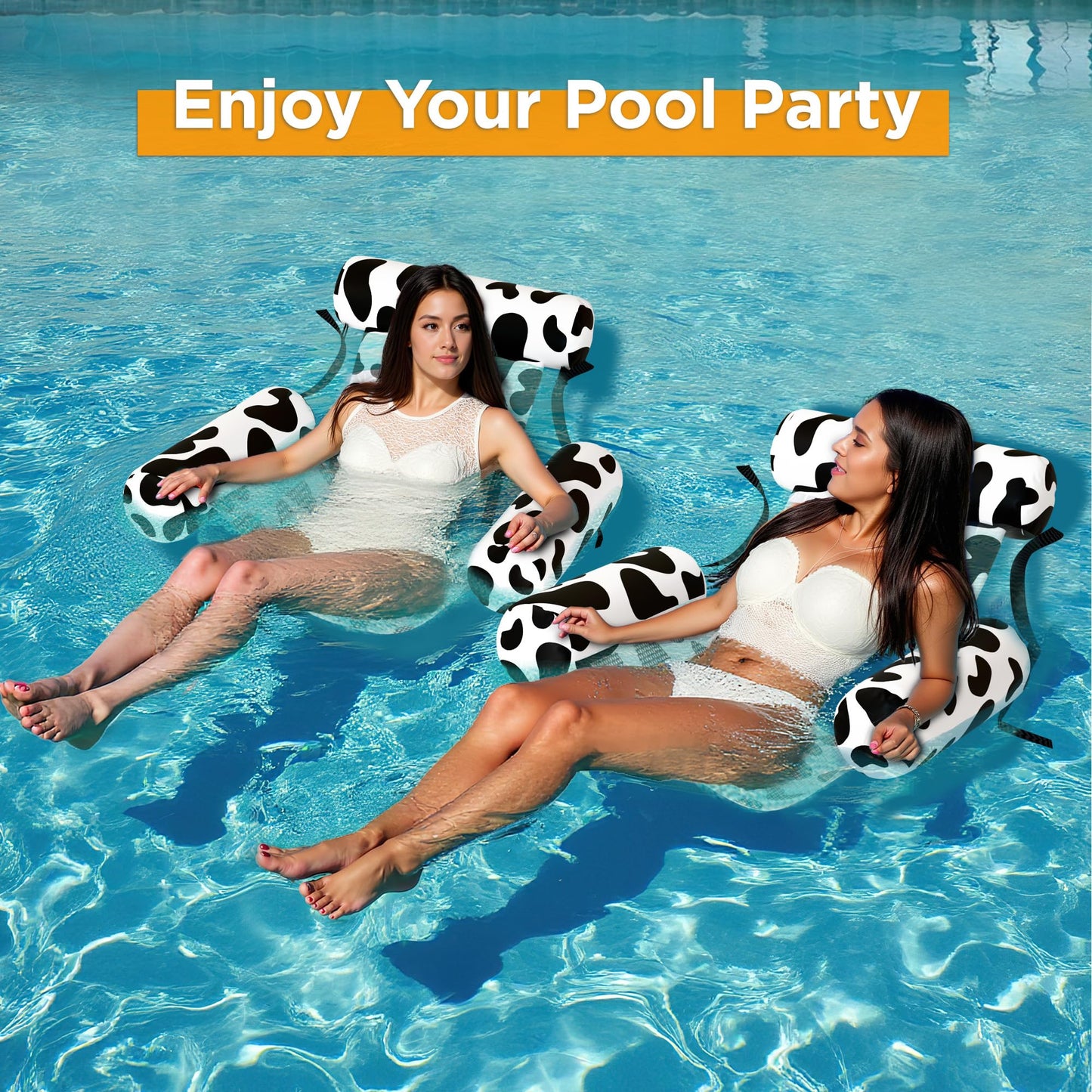 Funscape Pool Floats Chairs Adult, 2 Packs Heavy Duty Inflatable Swimming Pool Lounges, Fabric Floating Hammock Seat, Kid Blow Up Pool Noodle, Lake Raft Floaties, Fun Summer Beach Water Party Game—Cow