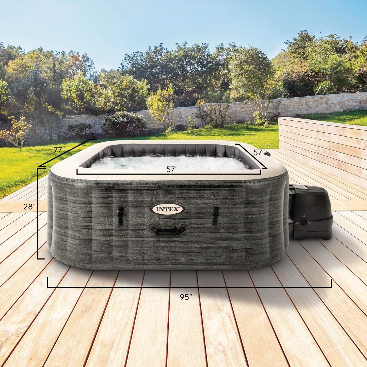 INTEX 28451EP PureSpa Greystone Deluxe Spa Set: Includes Energy Efficient Spa Cover and Wireless Control Panel – Spa Control App – Built-In FastFill Inflation System – 6 Person Capacity – 77" x 28"