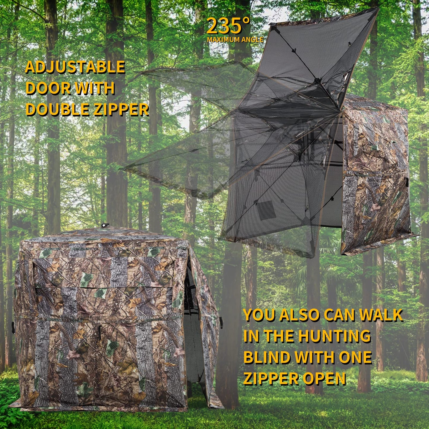 FUNHORUN Hunting Blind 360 Degree See Through Ground Blind with Chair and Carrying Bag, 2/3 Person Pop Up Camouflage Tent Portable Concealed Shelter