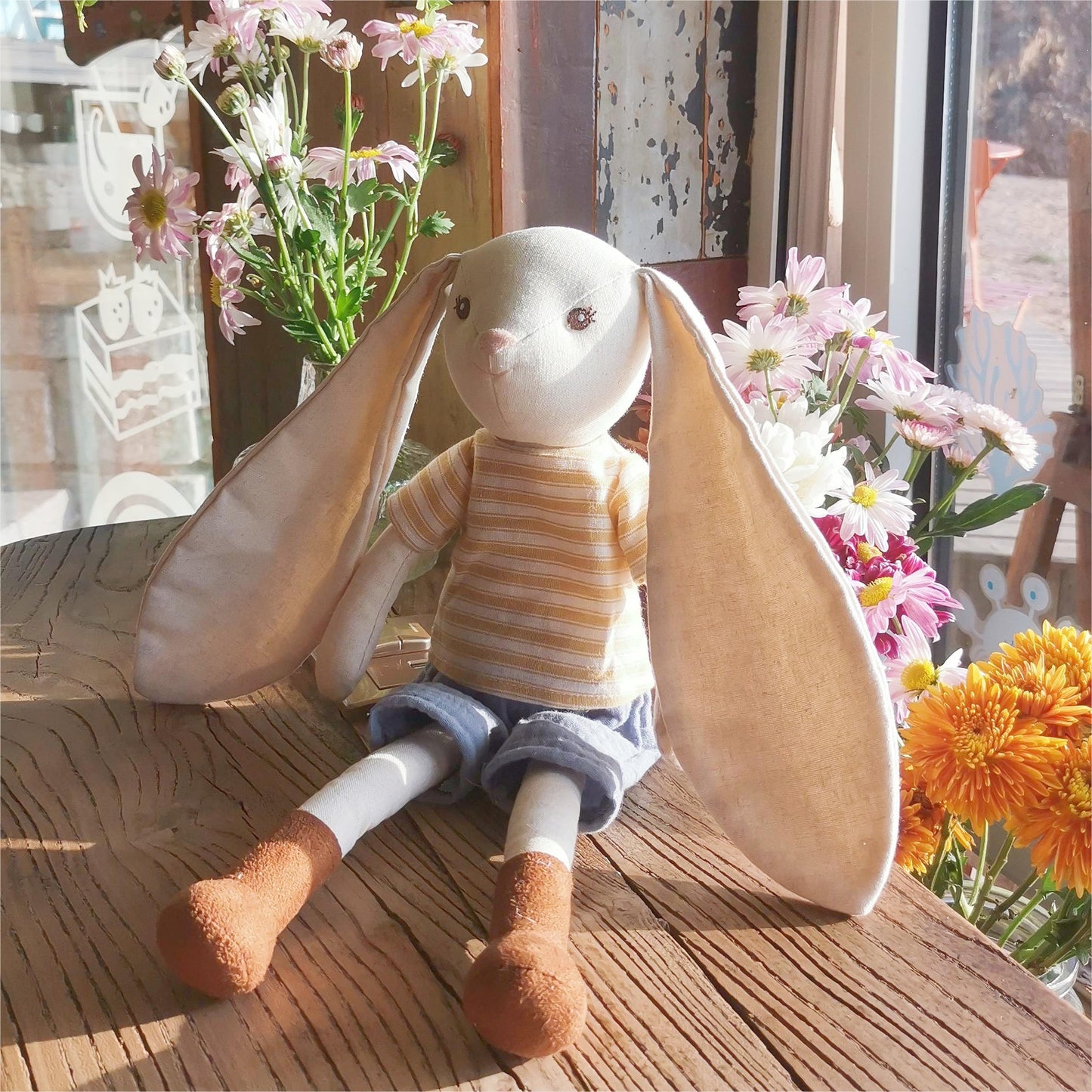 Mikee Fluffie 15" Bunny Stuffed Animals for Baby, Plush Toy Doll -Wearing Striped T-Shirt and Pants,Cute Doll Set Dress Up for 3 4 5 Year Old Girl - Gift for Birthday