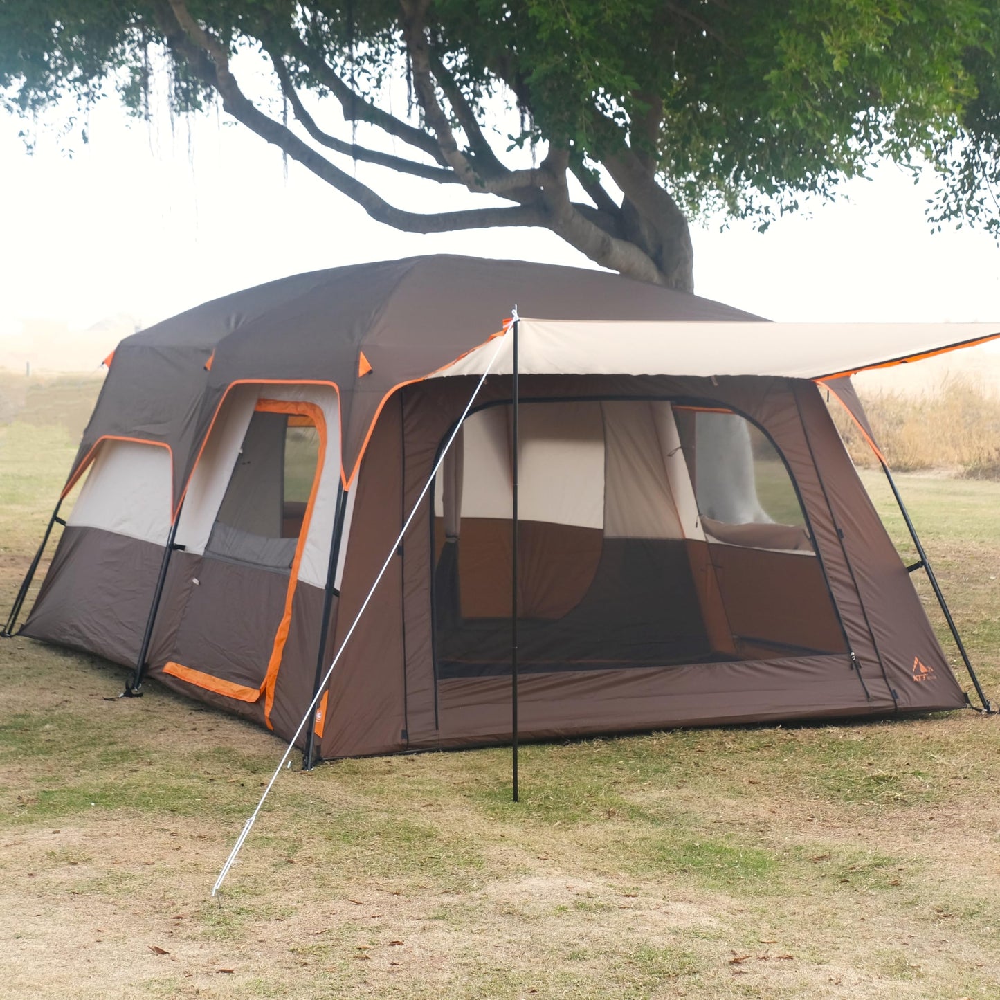 KTT Extra Large Tent 12 Person,Family Cabin Tents,2 Rooms,3 Doors and 3 Windows with Mesh,Straight Wall,Waterproof,Double Layer,Big Tent for Outdoor,Picnic,Camping,Family Gathering(Brown)