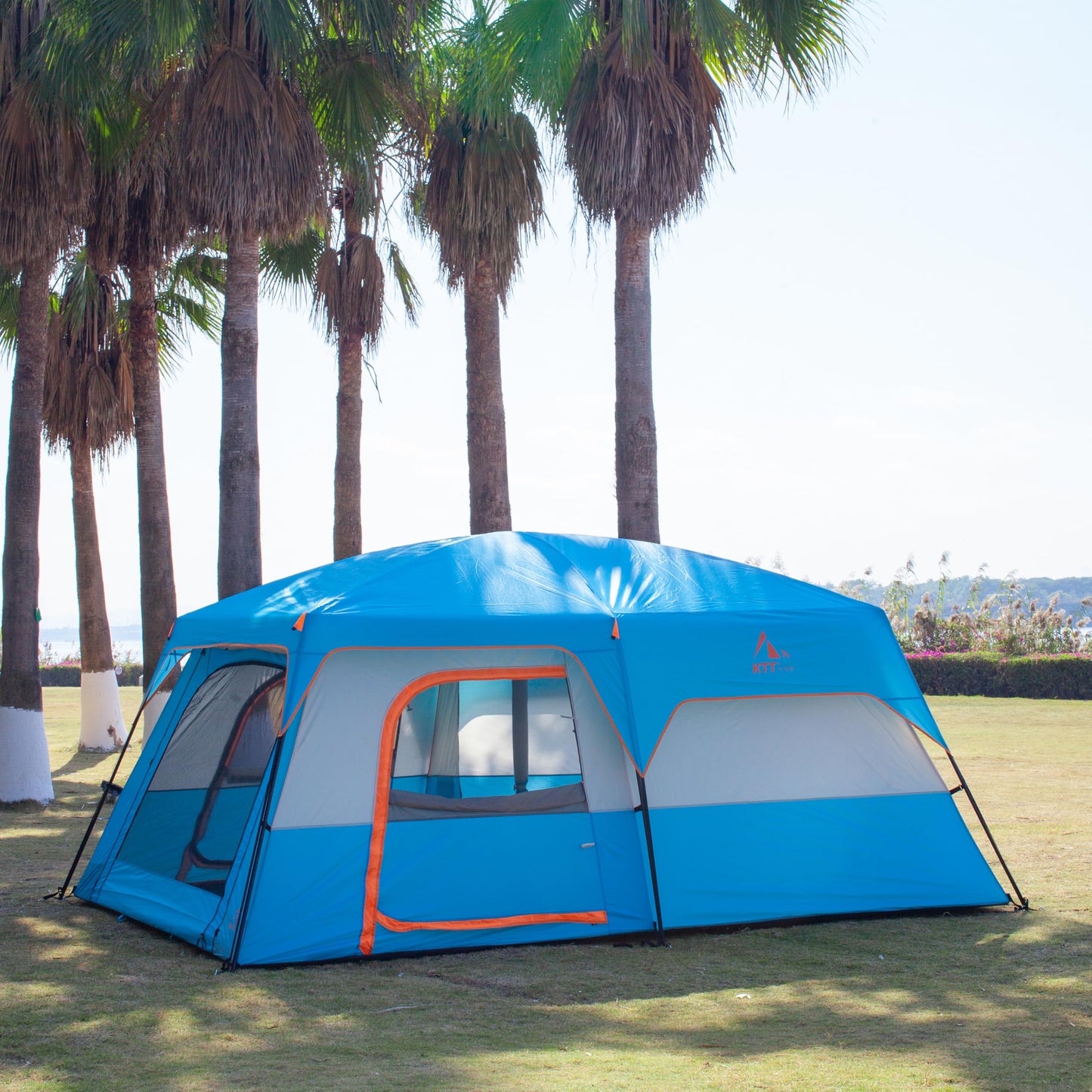 KTT Extra Large Tent 12 Person,Family Cabin Tents,2 Rooms,3 Doors and 3 Windows with Mesh,Straight Wall,Waterproof,Double Layer,Big Tent for Outdoor,Picnic,Camping,Family Gathering(Blue)
