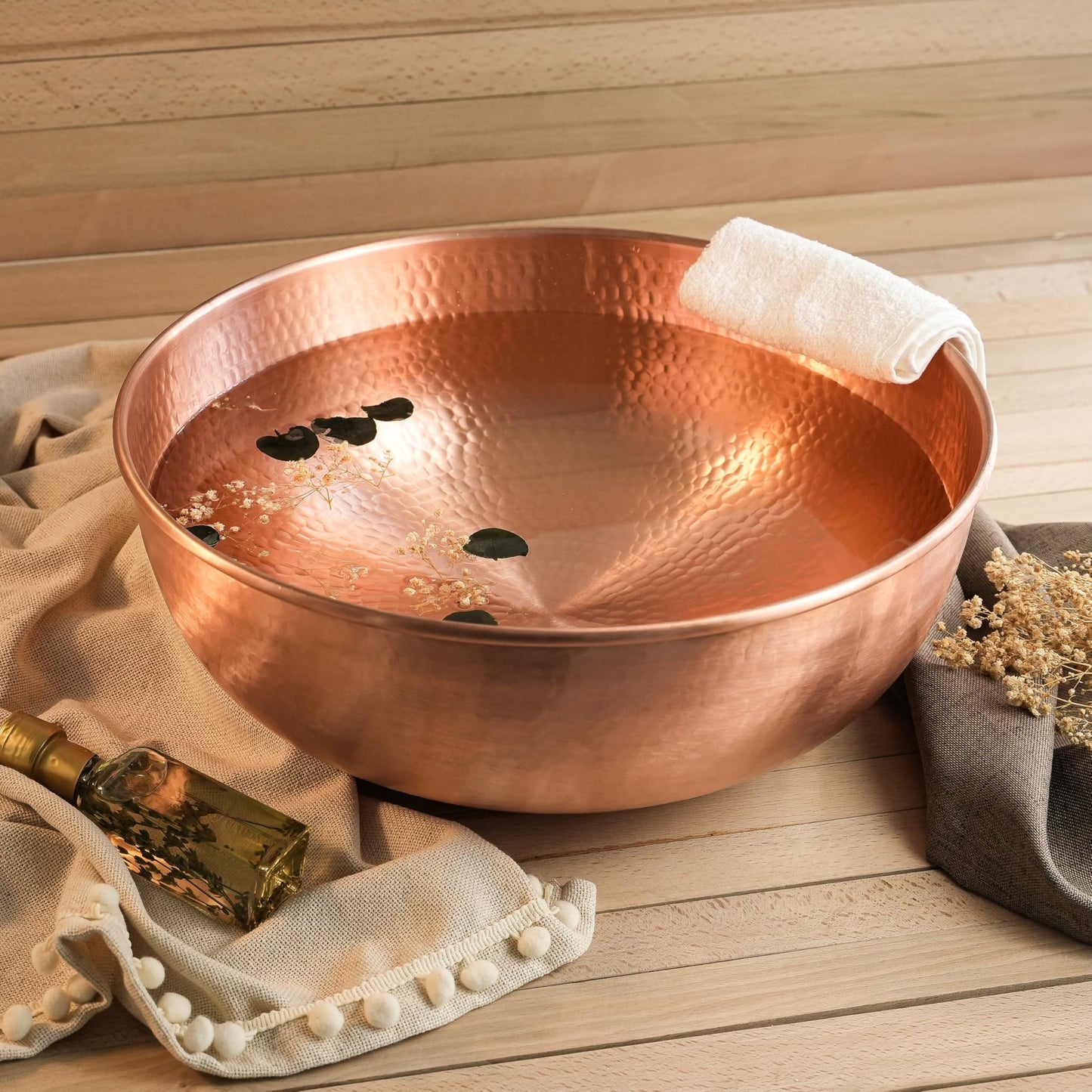 ALFIQ Hammered Copper Pedicure Bowl, 12 Inches, Portable Basin, Matte Finish