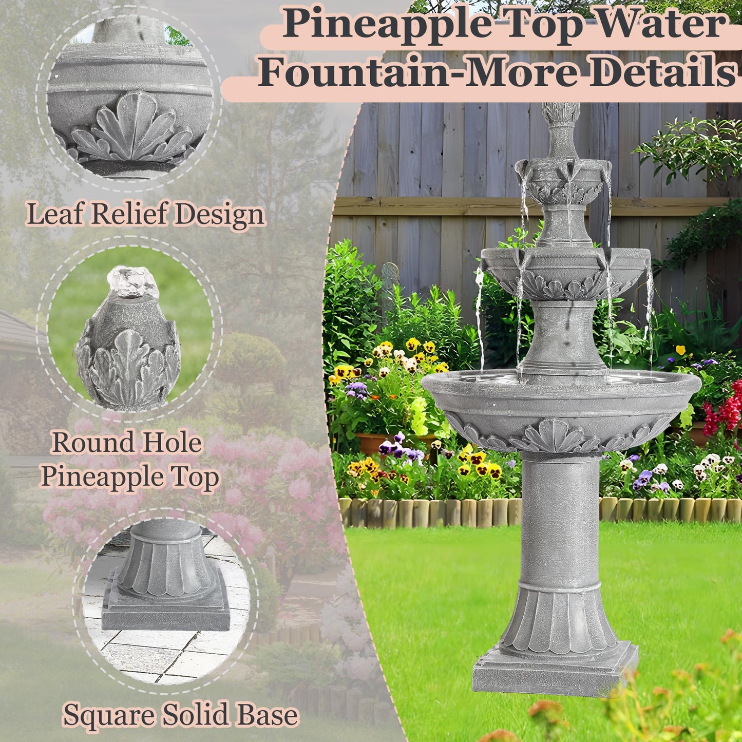 MAGIC UNION Outdoor Garden Water Fountains, 48.4''H Italian Style Fountain and Waterfall Outside, 3-Tier Large Bubbler Cascading Indoor Floor Fountain Features with Pump for Home Yard Decor (Gray)