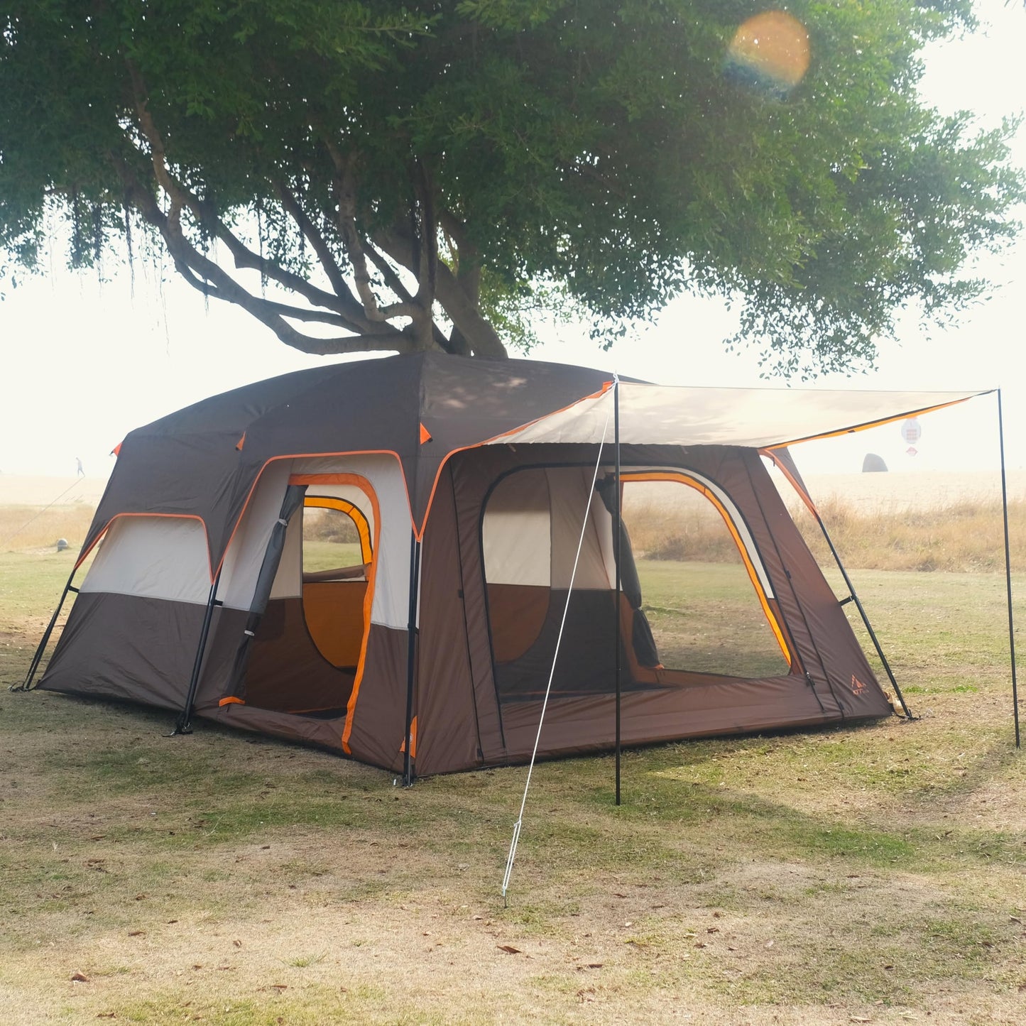 KTT Extra Large Tent 12 Person,Family Cabin Tents,2 Rooms,3 Doors and 3 Windows with Mesh,Straight Wall,Waterproof,Double Layer,Big Tent for Outdoor,Picnic,Camping,Family Gathering(Brown)