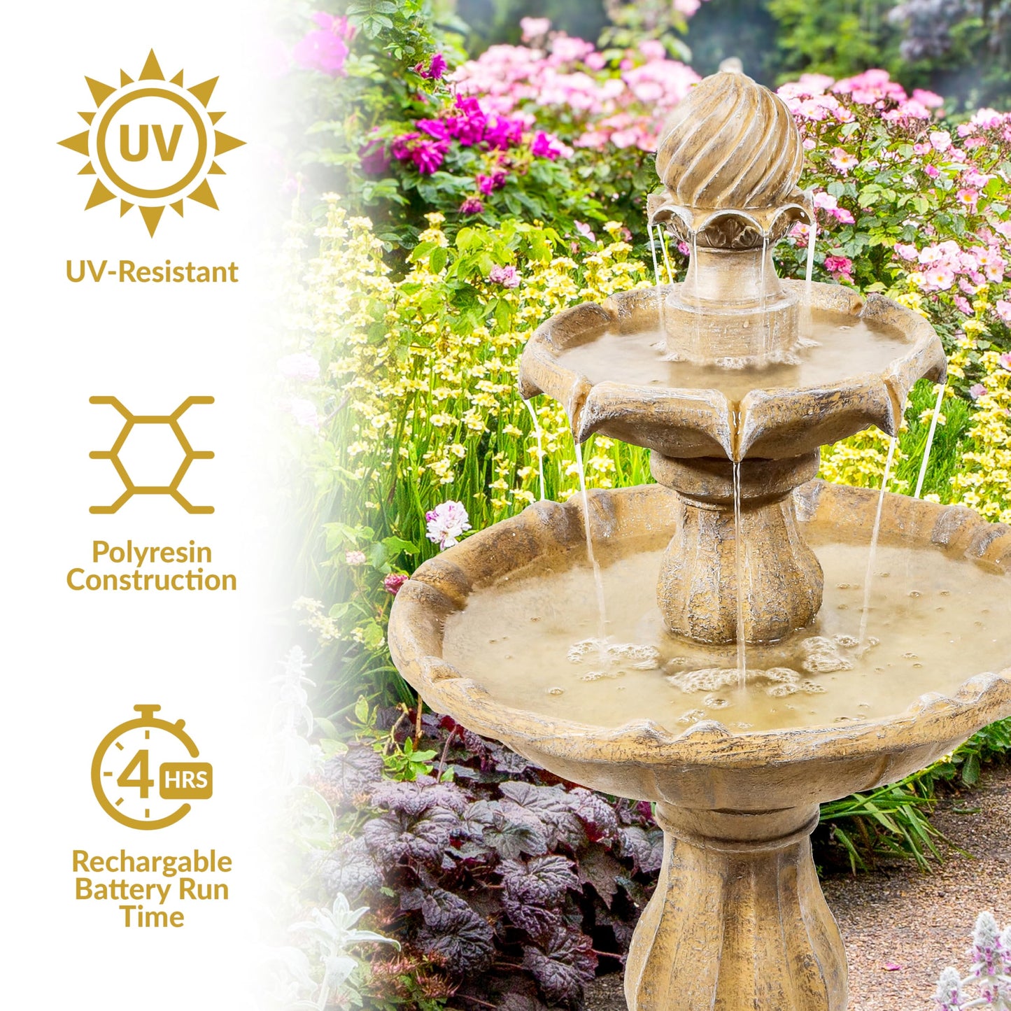 Sunnydaze 35" Solar 2-Tier Outdoor Water Fountain - Outdoor Water Fountain with Battery Backup and Pump - Earth