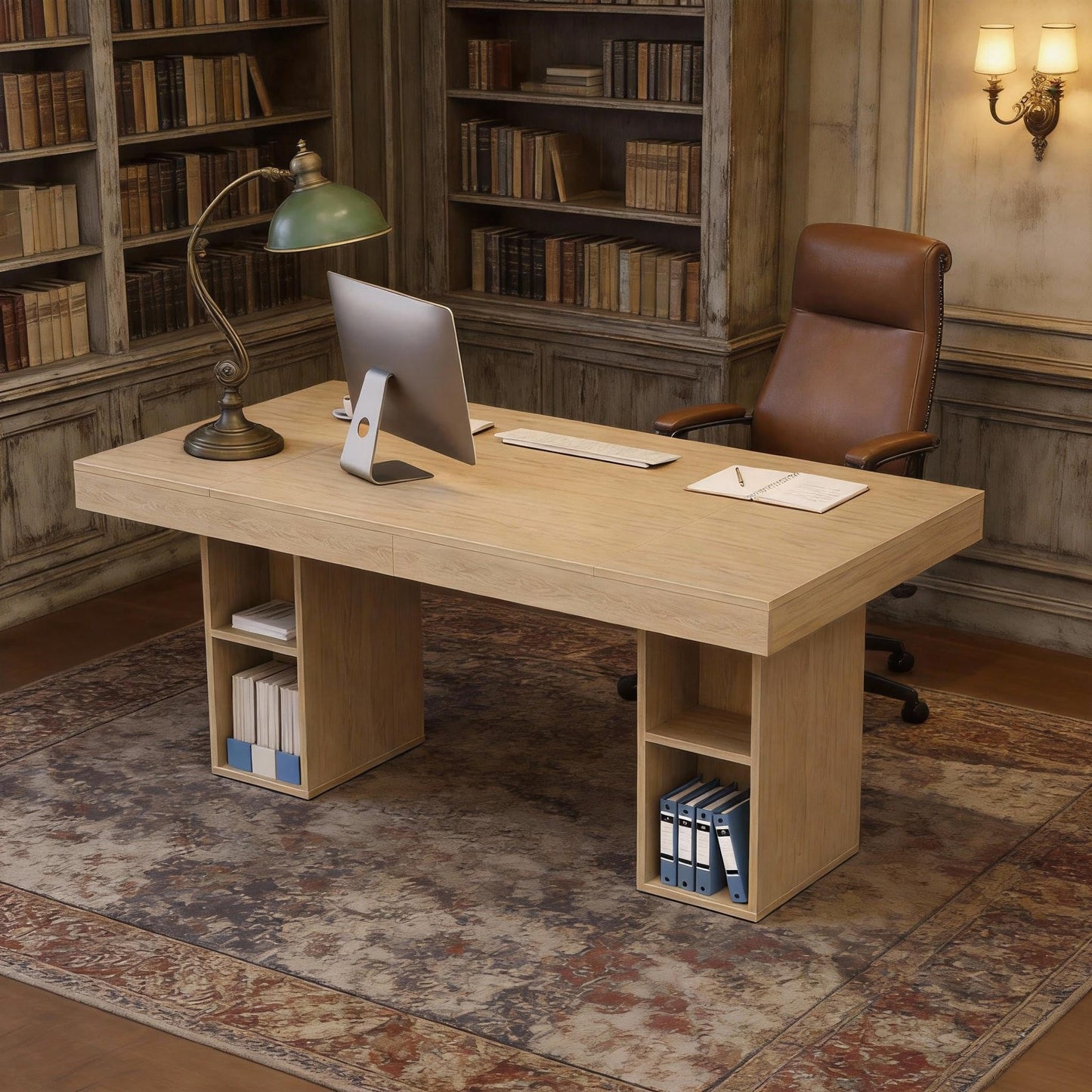 IDEALHOUSE 63”Executive Desk with Cabinet Storage, Farmhouse Home Office Desk, Wooden Computer Desk with Extra Thickened Tabletop & Metal Frame, for Work Study Writing, Oak