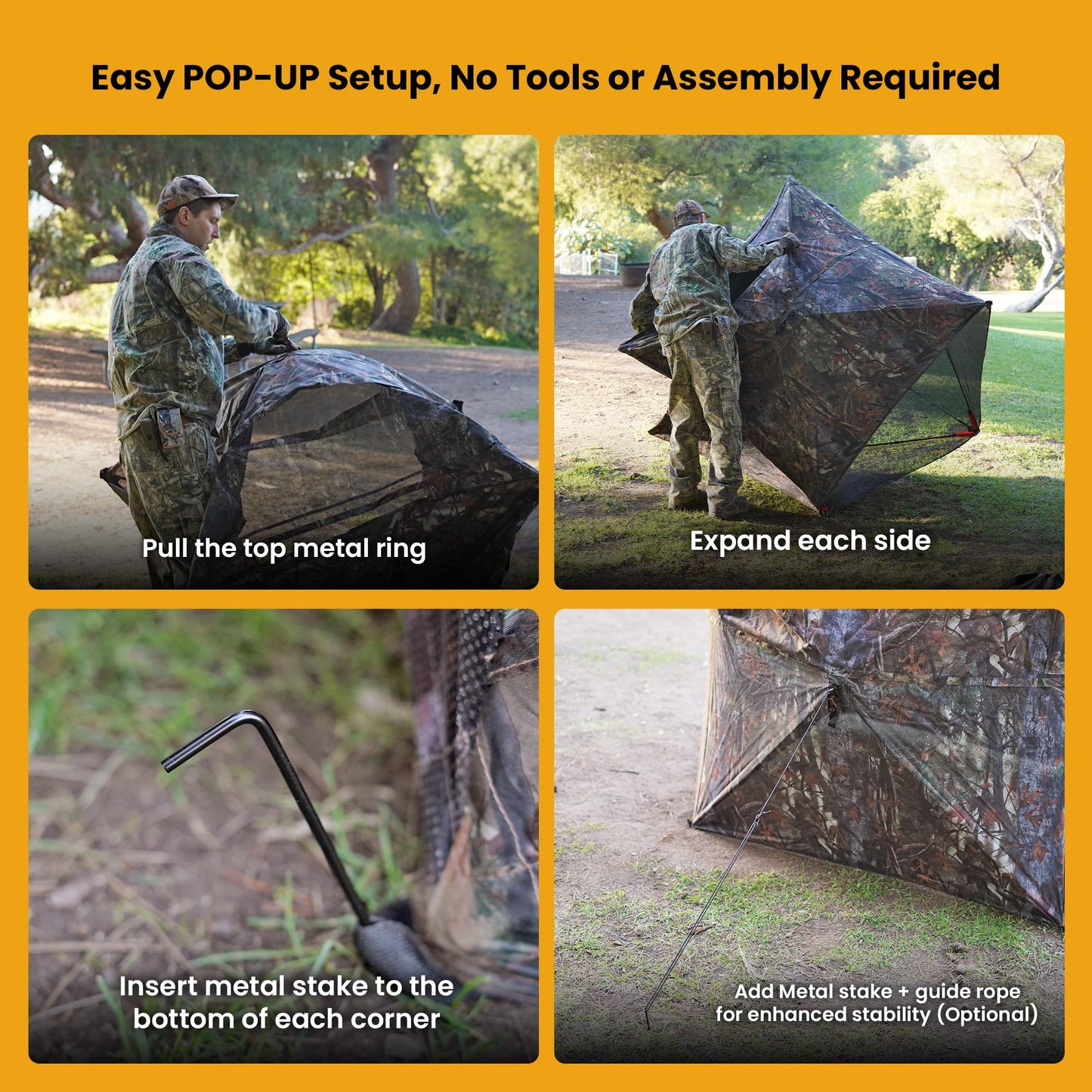 Arrowhead Outdoor 270° Vision 4.8x4.8 Ft Pop-up 2-3 Person See-Through Hunting Stealth Deer Blind Shelter w/Magnetic Door, Sliding Windows and Backpack Carry Bag, Noise-Free Camouflage Design