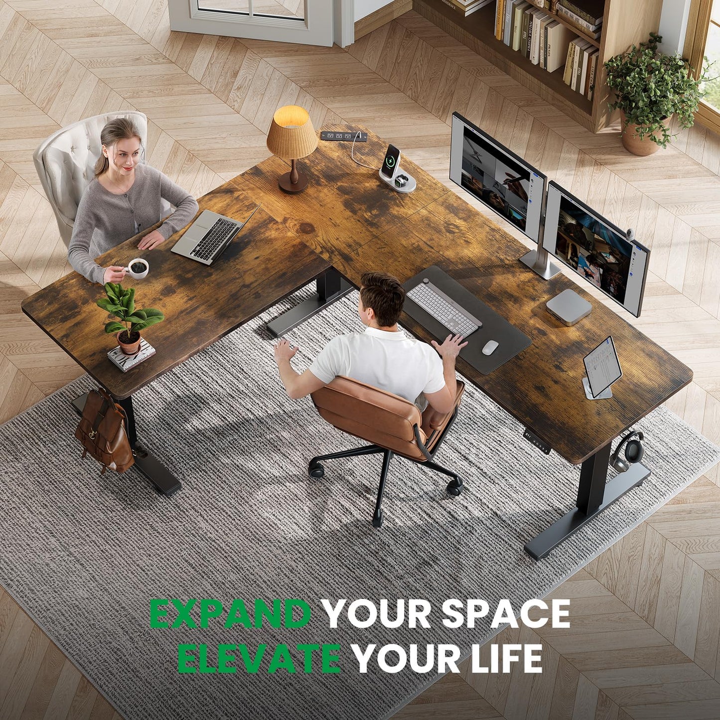 SIAGO L-Shaped Standing Desk - 63 x 55 Inch Adjustable Corner Standing Desk with Charging Station - L Shape Sit Stand Table with Memory Controller, Splice Board for Home Office