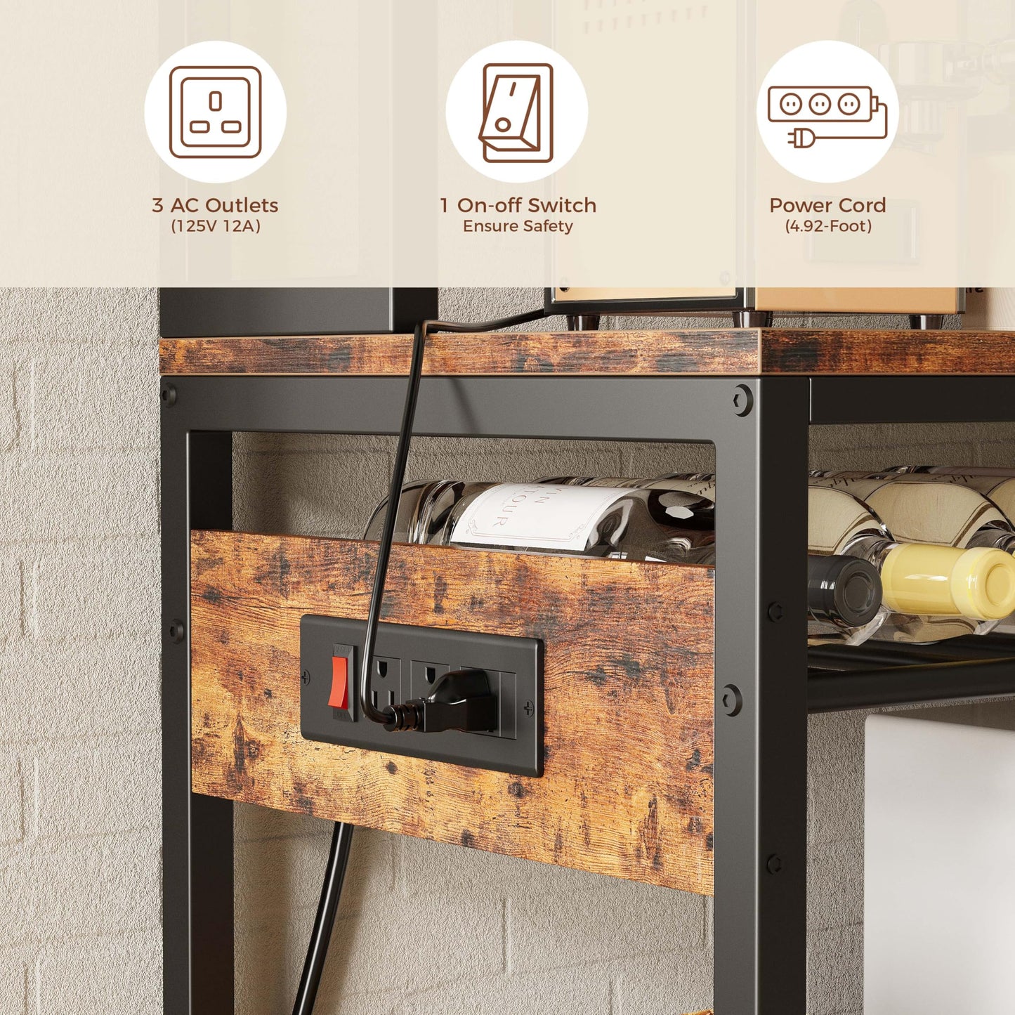 IRONCK Bakers Rack with Power Outlet & Storage, 45.5" W Coffee Bar Cabinet with Wine Rack & Pegboard, Industrial Microwave Stand with 10 Hooks & 3 Wire Basket, Kitchen Shelves, Rustic Brown