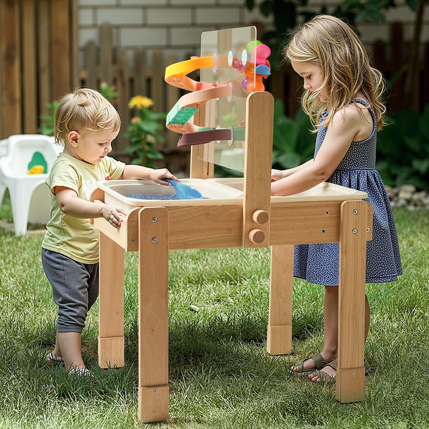 bopoobo Sand and Water Table for Toddlers, 4 in 1 Kids Wooden Sensory Activity Table with 2 Storage Bins, Painting Acrylic Board, Slide Track Toy & Windmill Suction Cups Toy, Beach Accessories