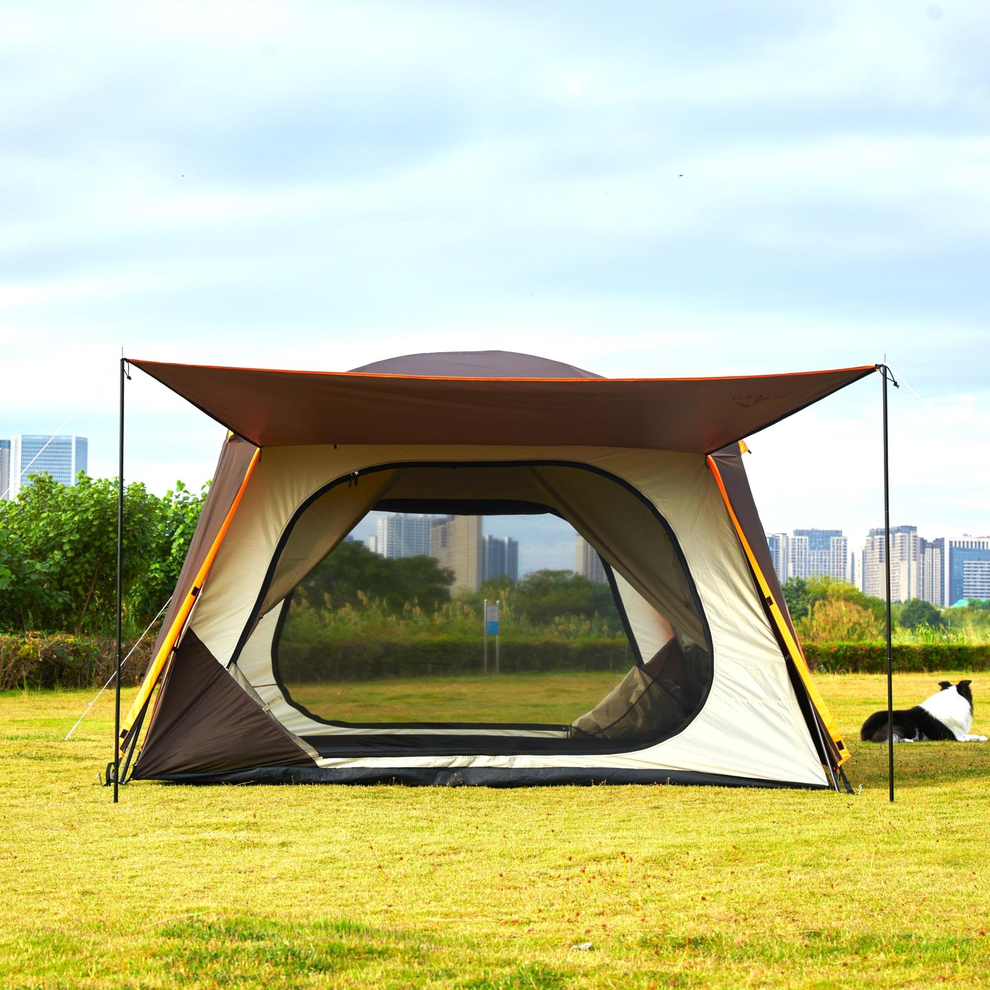 KTT Extra Large Tent 12 Person(A),Awning Family Cabin Tents,2 Rooms,4 Doors and 4 Windows with Mesh,Straight Wall,Waterproof,Double Layer,Big Tent for Outdoor,Picnic,Camping,Family Gathering(Brown)
