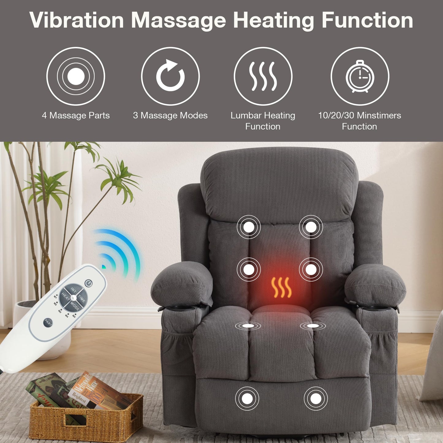 BOSMILLER Power Lift Recliner Chair for Elderly with Vibration Massage and Lumbar Heating Electric Oversized Single Sofa with Cup Holder and USB Charge Port for Living Room