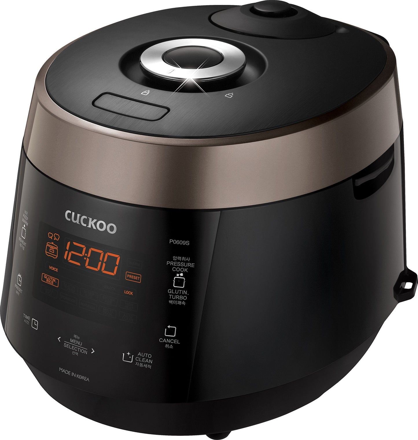 CUCKOO High Pressure Rice Cooker 6-Cup Uncooked / 12-Cup Cooked with Nonstick Inner Pot, Versatile Rice Maker with 12 Menu Options and Steam Plate, Fuzzy Logic Tech, Voice Guide, Black (CRP-P0609S)
