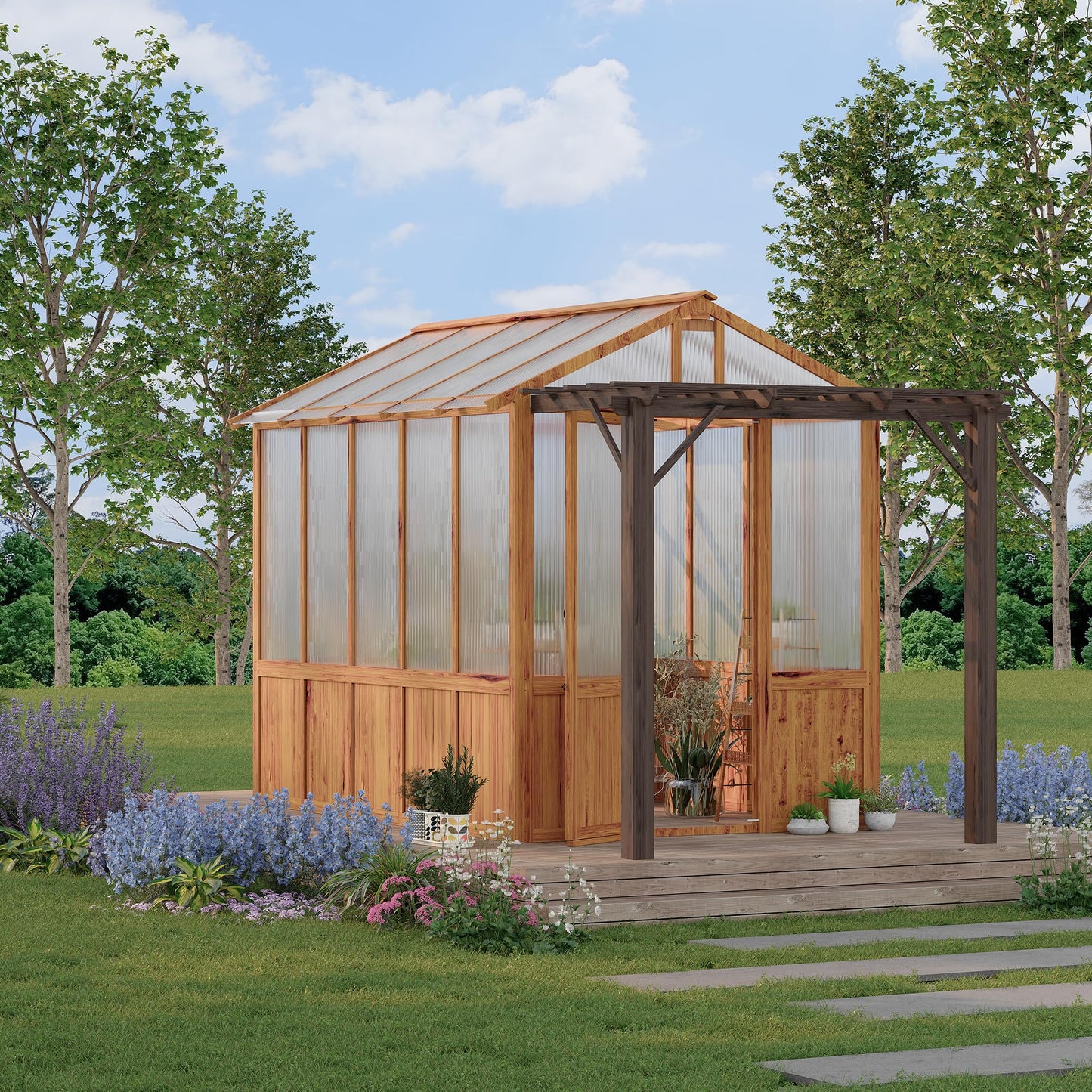 8x13FT Wooden Greenhouse with Pergola – Cedar Frame, Roof Vent & Polycarbonate Walk-in Greenhouse for Outdoor