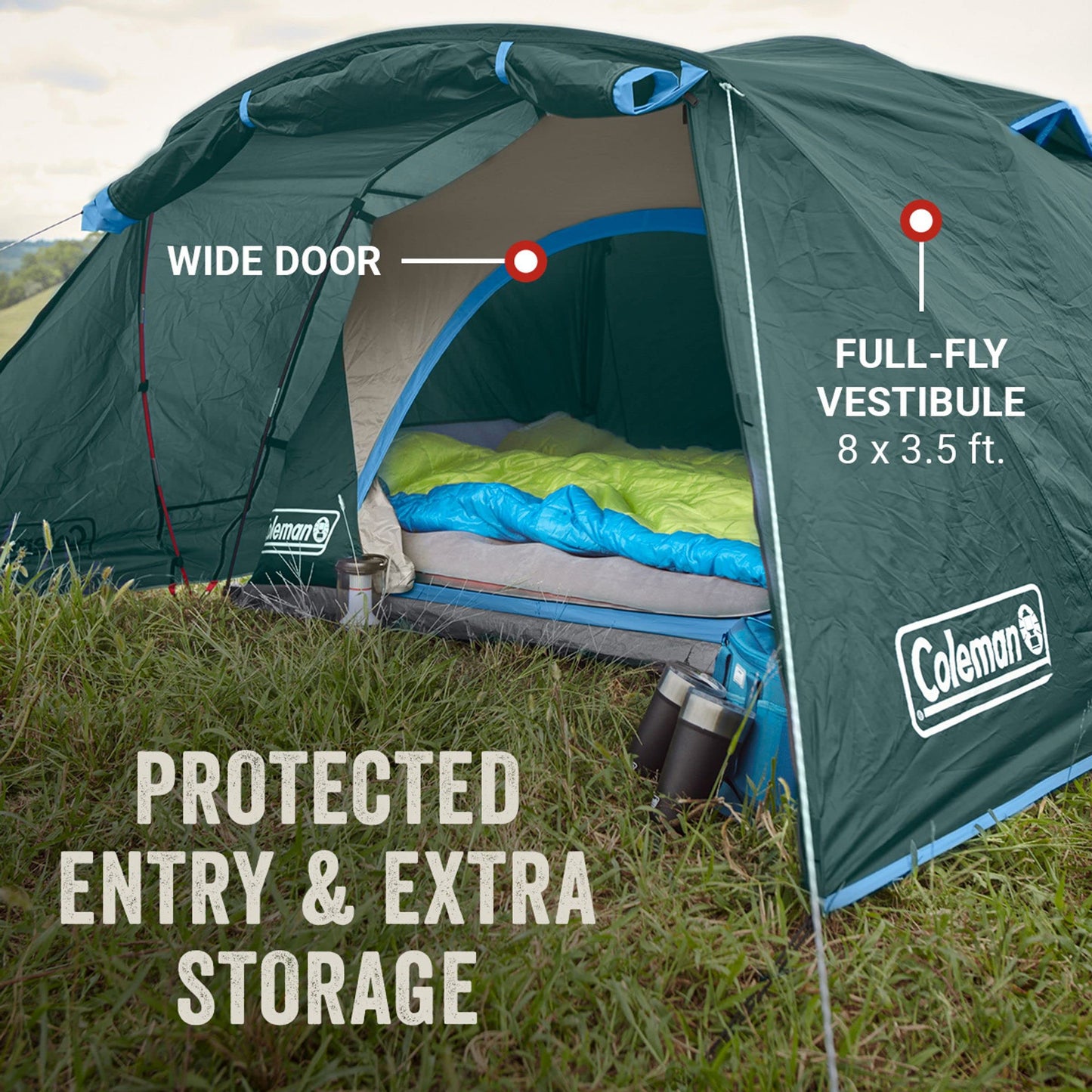 Coleman Skydome Tent with Full-Fly Weather Vestibule, Weatherproof 4/6 Person Tent Sets Up in 5 Minutes & Protects from Water, 20% More Headroom