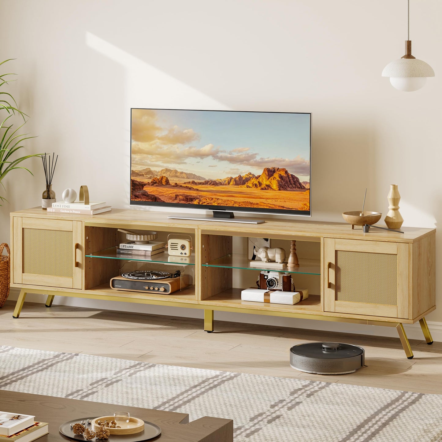 Bestier 80 Inch Natural Rattan TV Stand with Storage for 85 Inch TV, 4-in-1 Mid Century Modern Entertainment Center with LED Lights, Doors and Adjustable Glass Shelves for Living Room, Natural