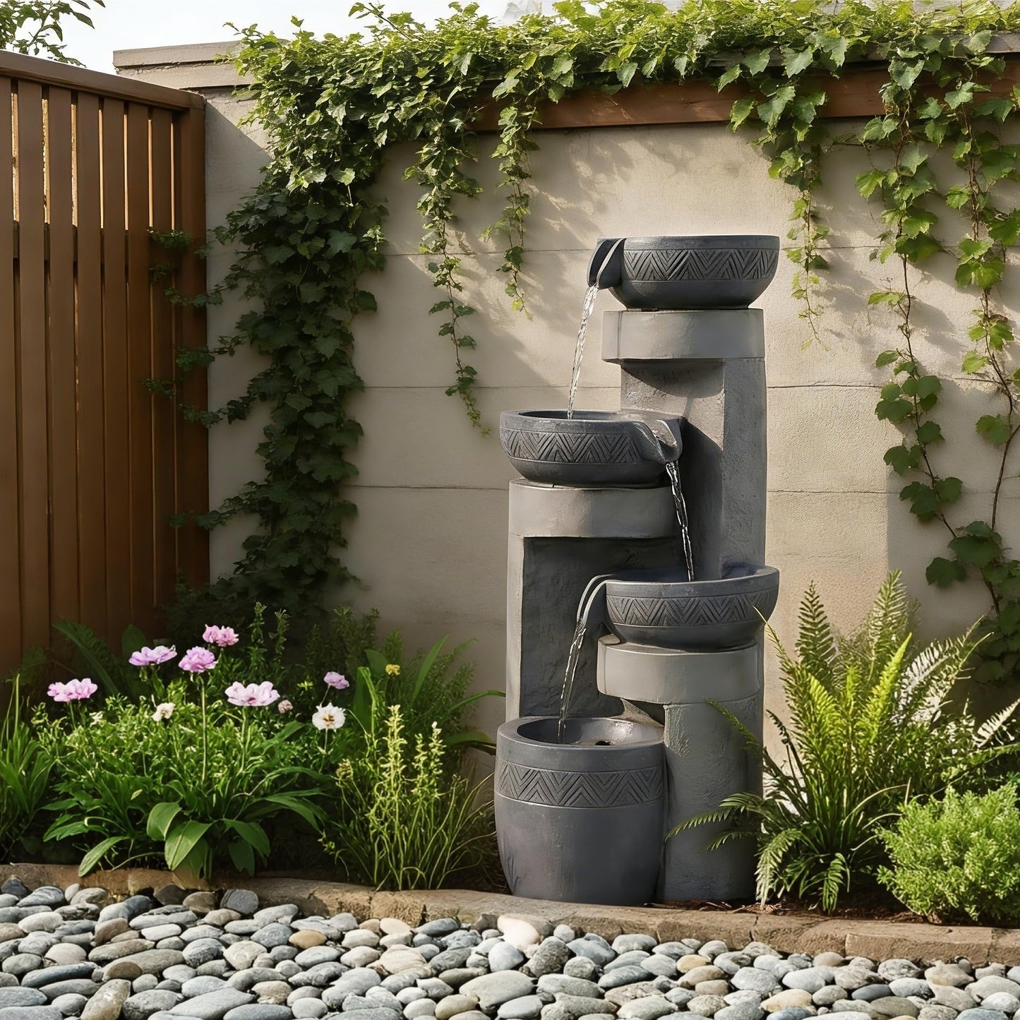 32" Outdoor Water Fountain with Led Lights, 4-Tier Modern Pottery Water Fountain, Outdoor Garden Waterfall Decor for Garden, Patio, Courtyard