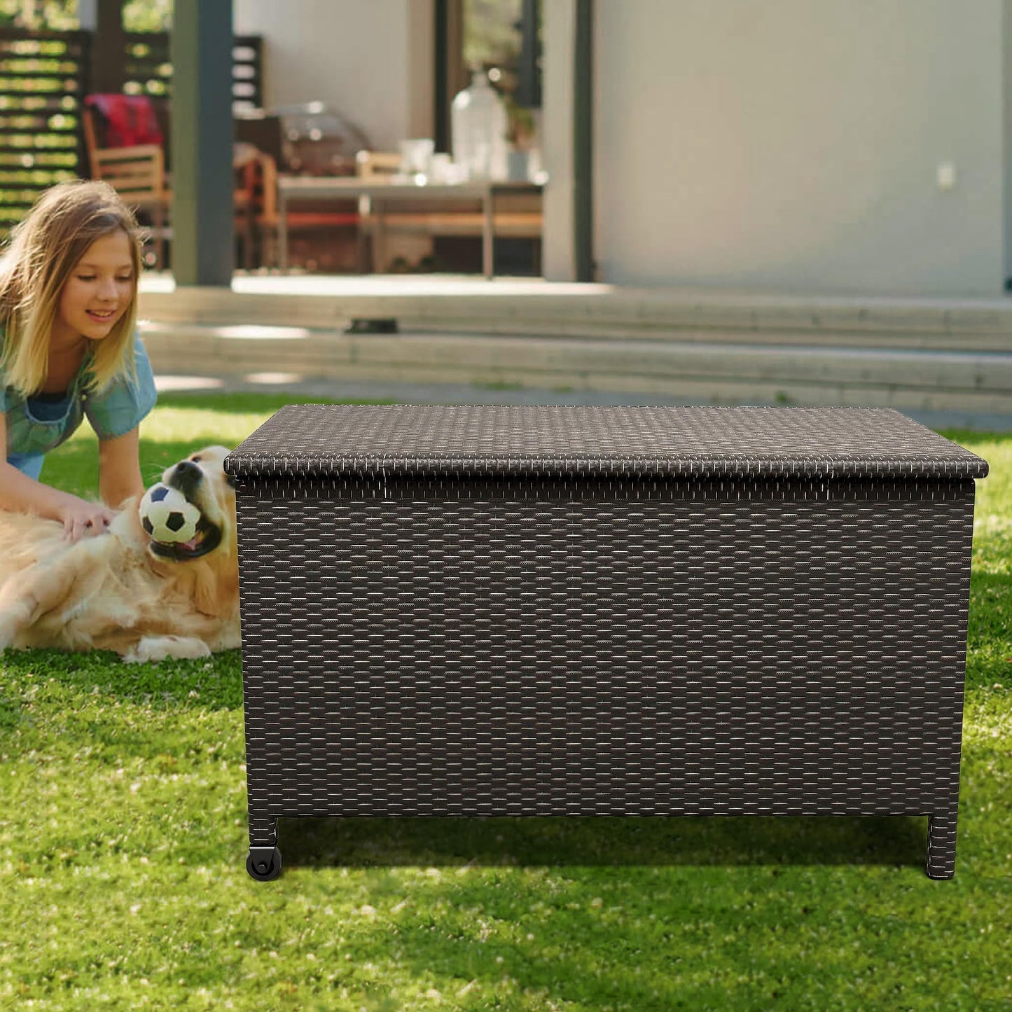 185 Gallon Outdoor Deck Box,Large Storage Bins with Lid, 2 Wheels and Handles, Patio Outdoor Bench with Storage, PE Rattan Wicker Box for Store Garden Tools, Patio Furniture Cushions, Pool Supplies