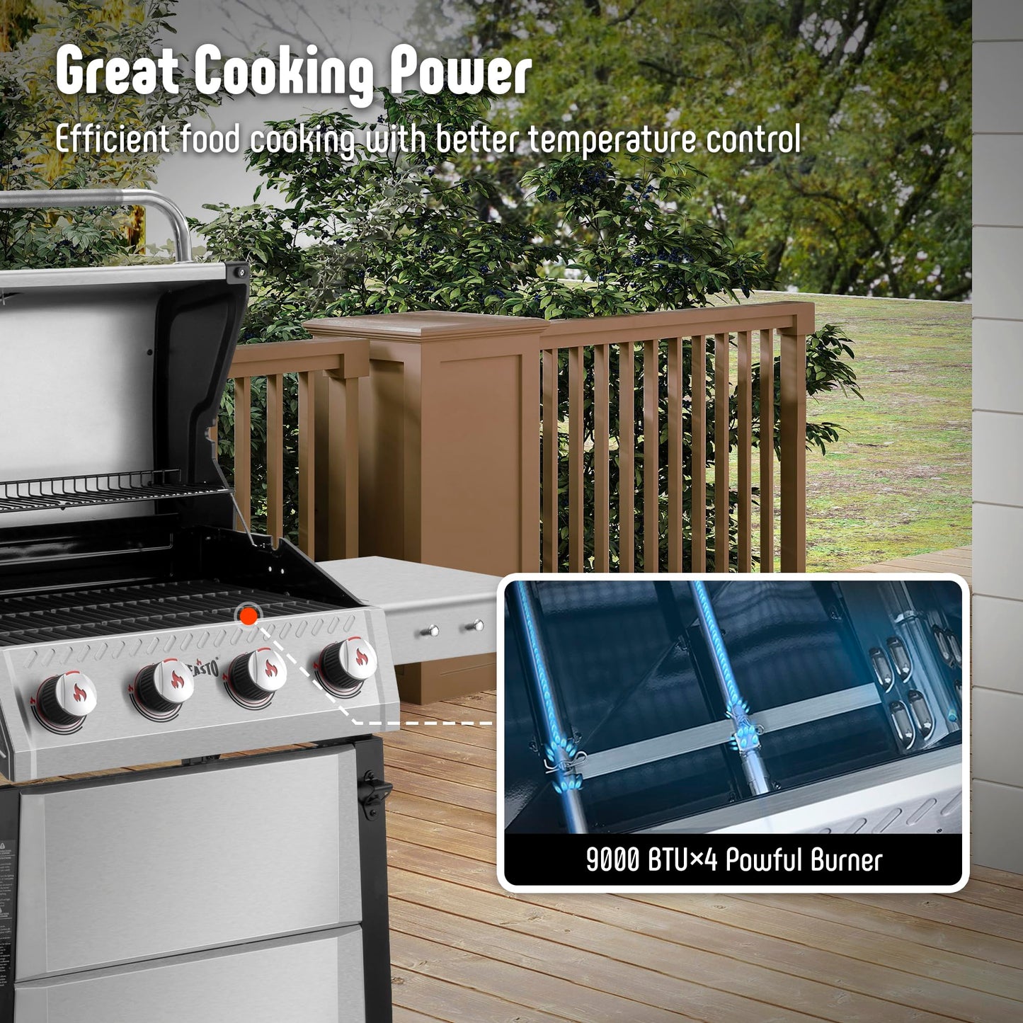 Feasto All Stainless Steel 4+1 Burner Gas BBQ Grill, Outdoor Propane Grill with Premium Enameled Coated Chamber Body & Porcelain-Enameled Cast lron Grates, 48,000 BTU