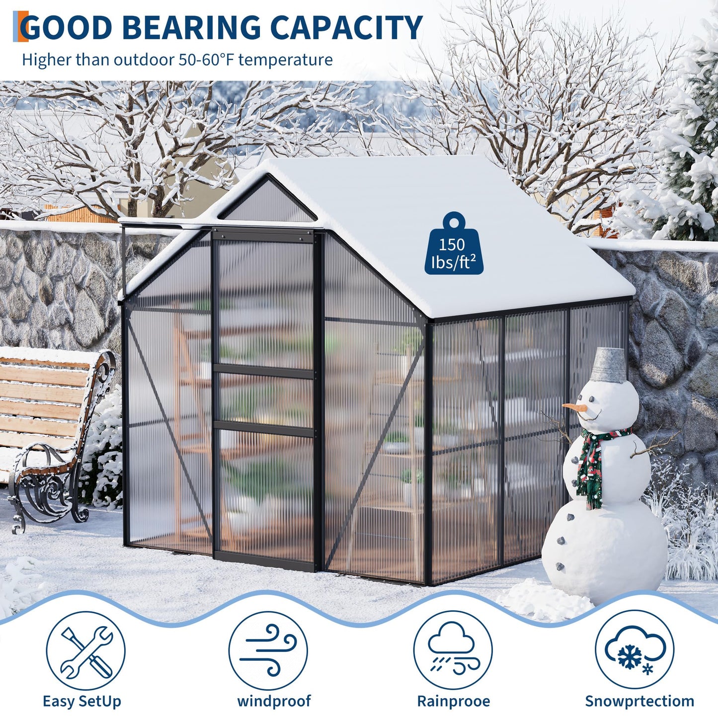 Garvee 6 x 6 FT Outdoor Greenhouse, Polycarbonate Greenhouses with Aluminum Frame, Sliding Door, Adjustable Roof Vent for Backyard, Green Houses for Outside Garden Backyard, Patio, Black