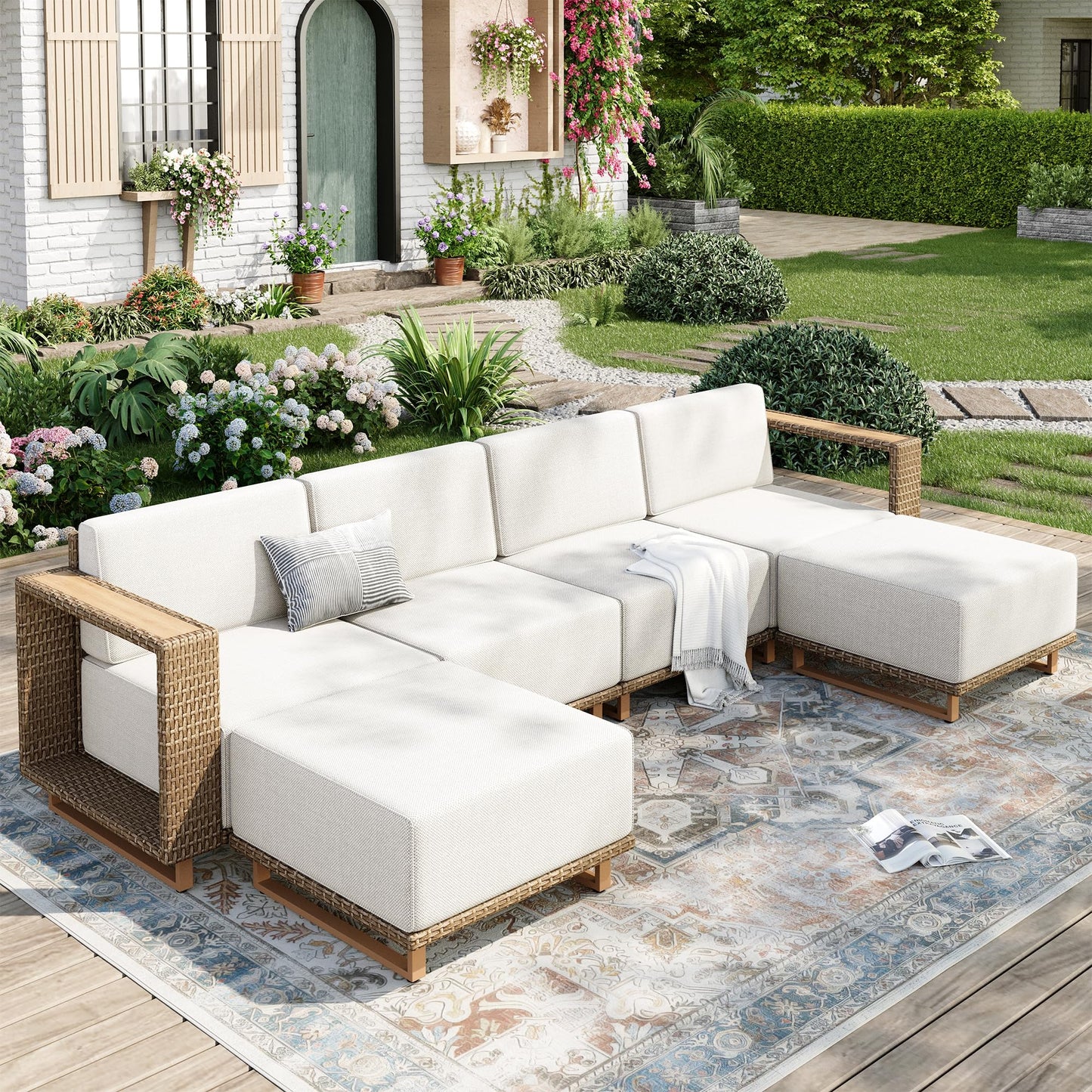 MIXPATIO Outdoor Patio Furniture Set, 6 Piece Outdoor Rattan Wicker Sofa Couch Set, Sectional Outdoor Conversation Sets with 10" Extra Thick Cushions for Deck Backyard Lawn
