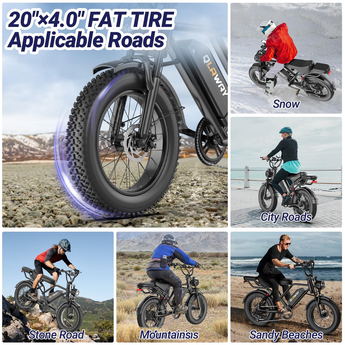 Qlaway Fat Tire Electric Dirt Bike 750w for Adults 20" Full Suspension Electric Motorcycle Ebikes 48V 18AH Removable Battery,31MPH Top Speed,LED Headlights, Turn Signals,40-70 Miles Range