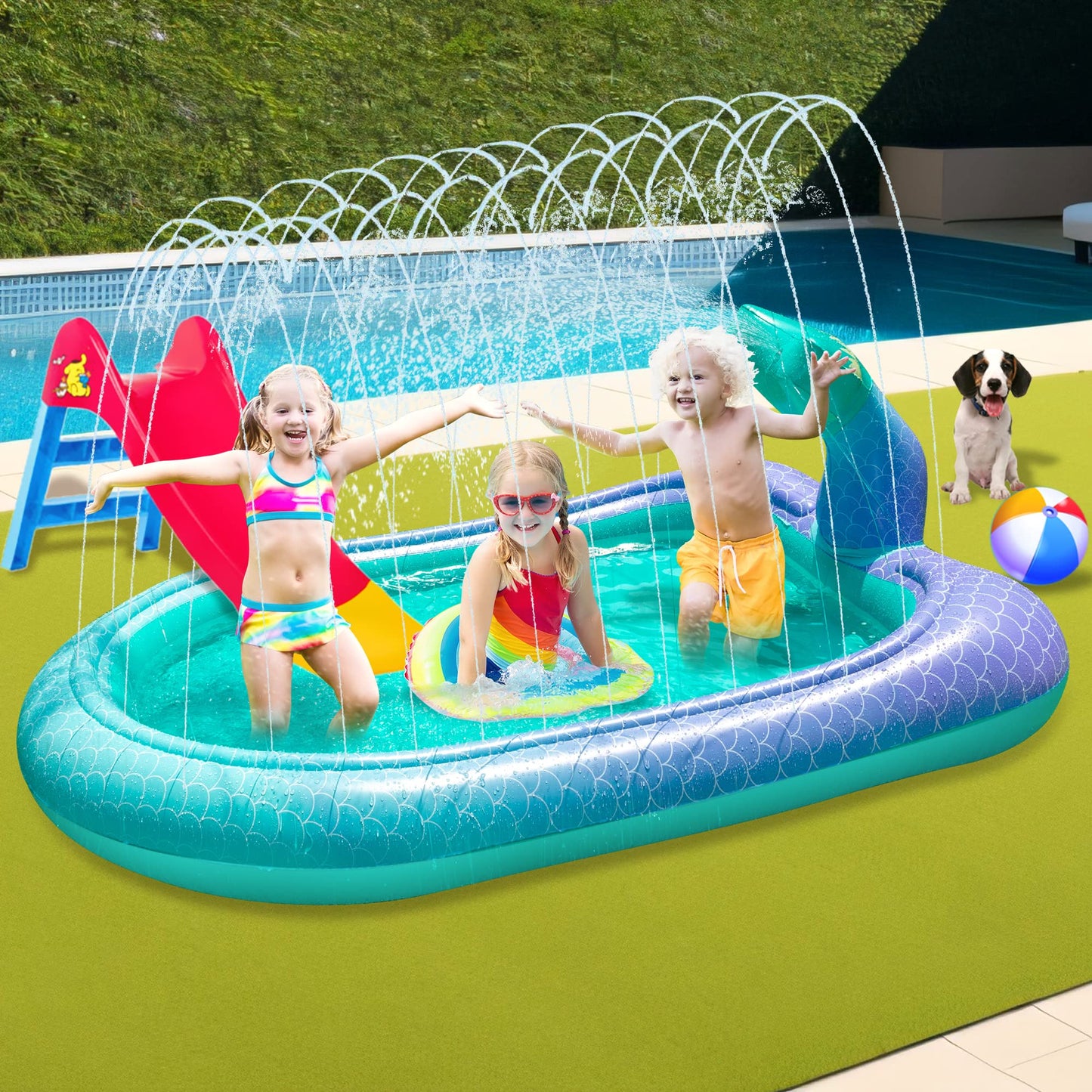 75" Sprinkler & Splash Pad for Kids, Large Outdoor Mermaid Sprinklers Play Mat Summer Water Play Toys Inflatable Sprinkler Pad, Fun Play Pool for Toddlers Babies Over 3 Years Boys Girls