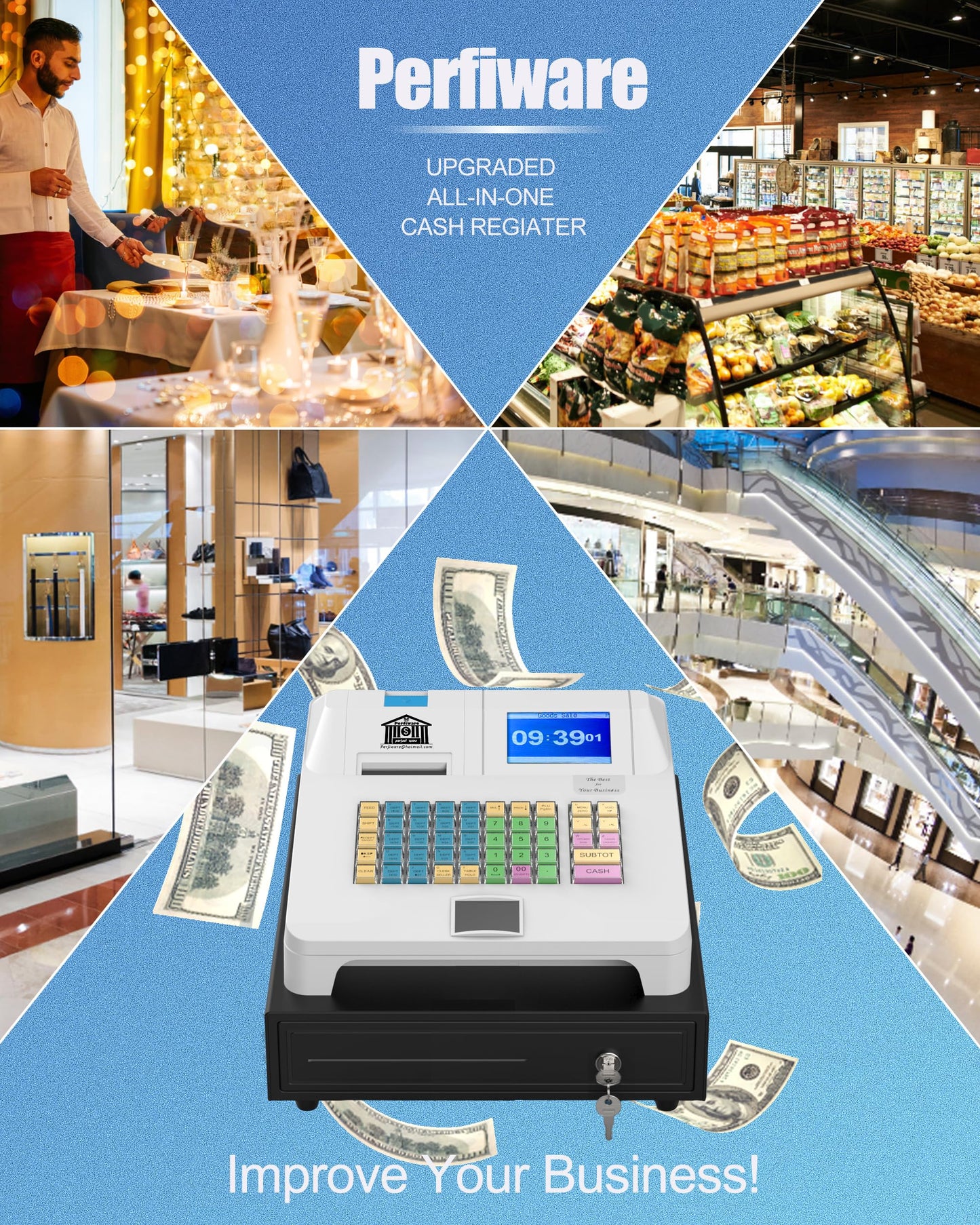 Perfiware Cash Register for Small Businesses with Scanner（HS1000）& Removable Checkport Cash Drawer,Electronic Cash Registers with Dual Display and Receipt Printer,Dust-Proof& Oil Proof