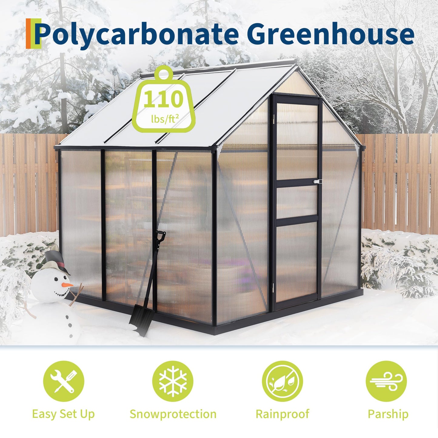 6x6FT Walk-in Greenhouses for Outdoors, Heavy Duty Polycarbonate Green House with Quick Setup Structure, Roof Vent, Push-Pull Lockable Door, Aluminum Green House for Garden Backyard, Patio, Lawn