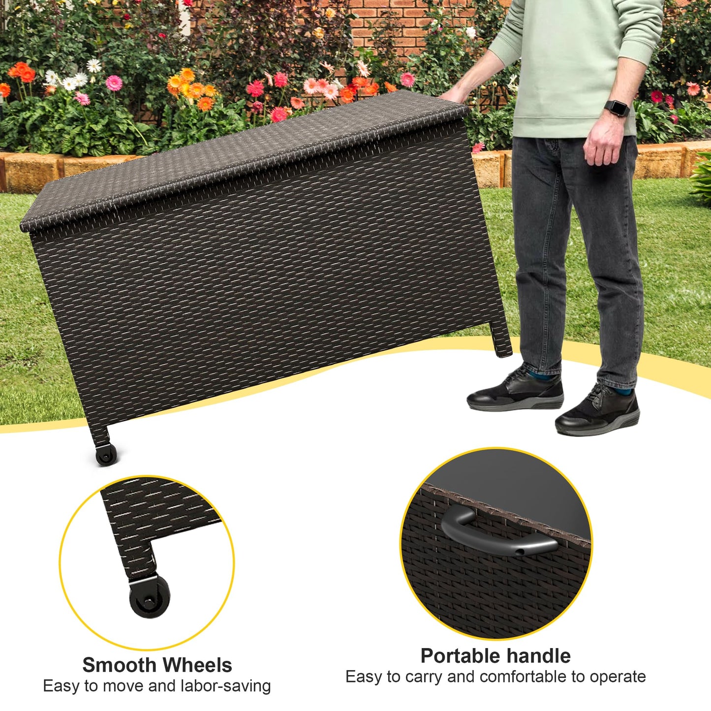 125 Gallon Outdoor Storage Box with Wheels - Large Wicker Rattan Deck Box for Patio Cushions, Garden Tools, Pool Floats & Pillows, All-Weather Patio Furniture Storage, Brown