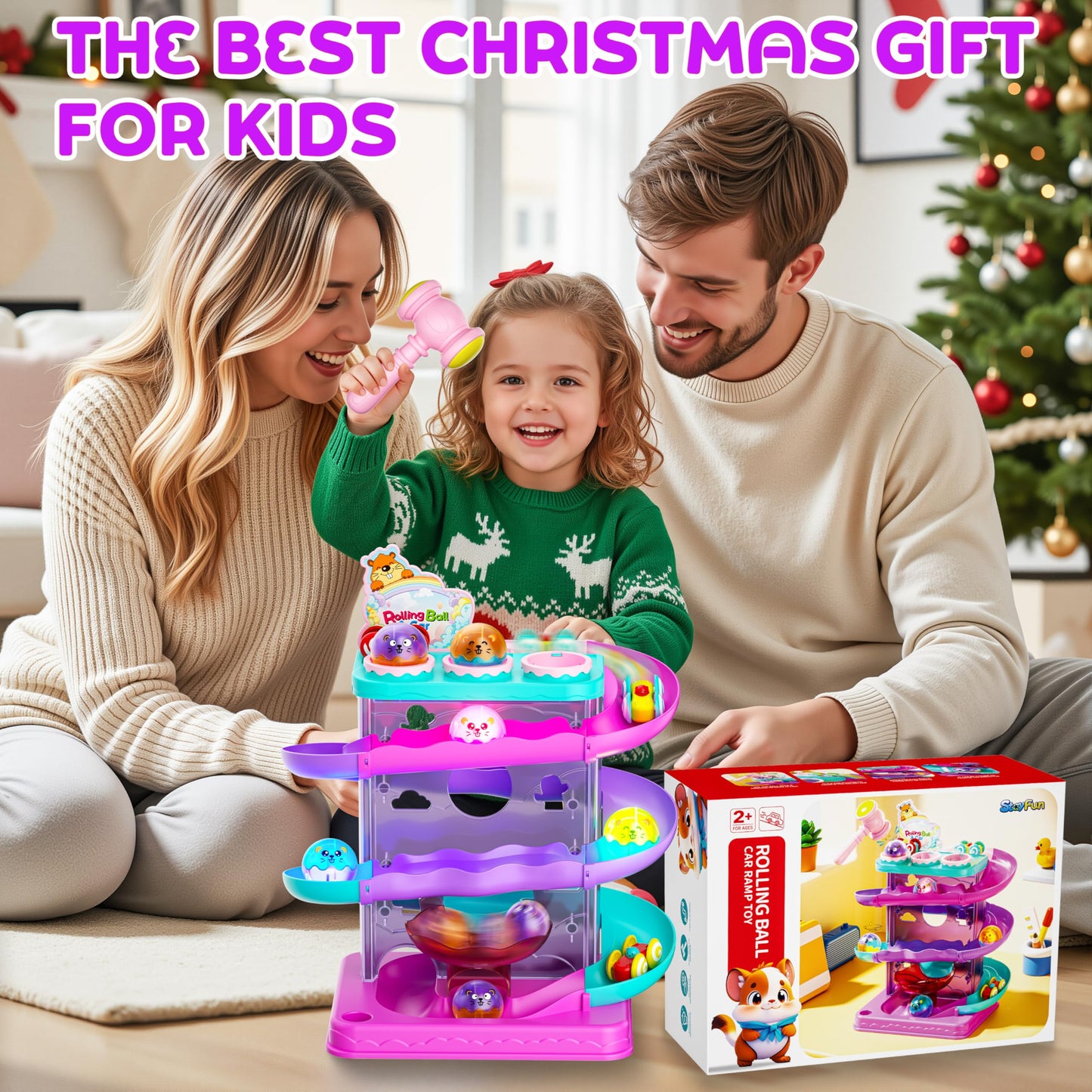 2-in-1 Rolling Ball & Car Ramp Race Track for Toddlers, Hammer Ball Drop Toy for Boys & Girls, Interactive Playset w/Sensor Lights - Montessori STEM Learning Toys for Kids 1-5+ Year Old