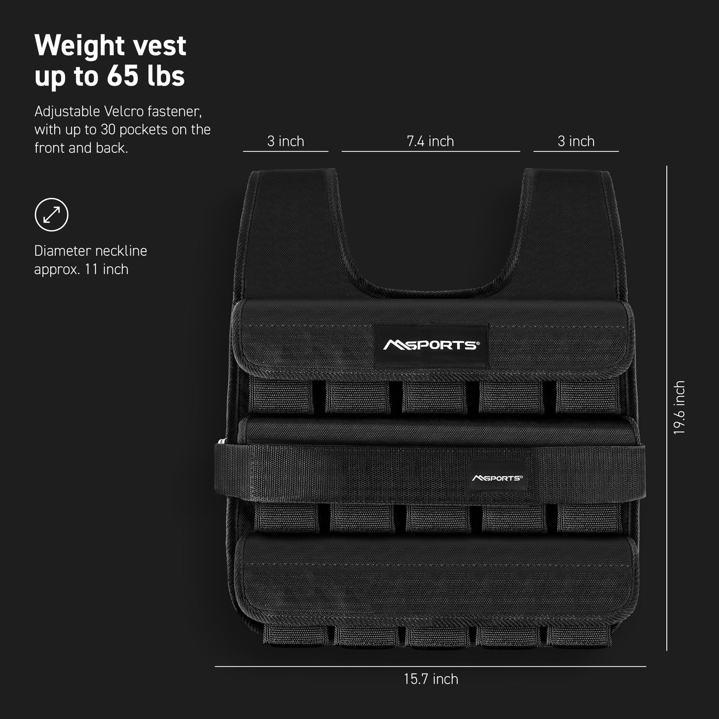 MSPORTS Premium Weighted Vest for Women & Men – Adjustable 11–65 lb, Running Vest, Walking Weighted Vest, Tactical Style Training Vest for CrossFit, Strength, Cardio & Home Workouts (Black, 65 lb)