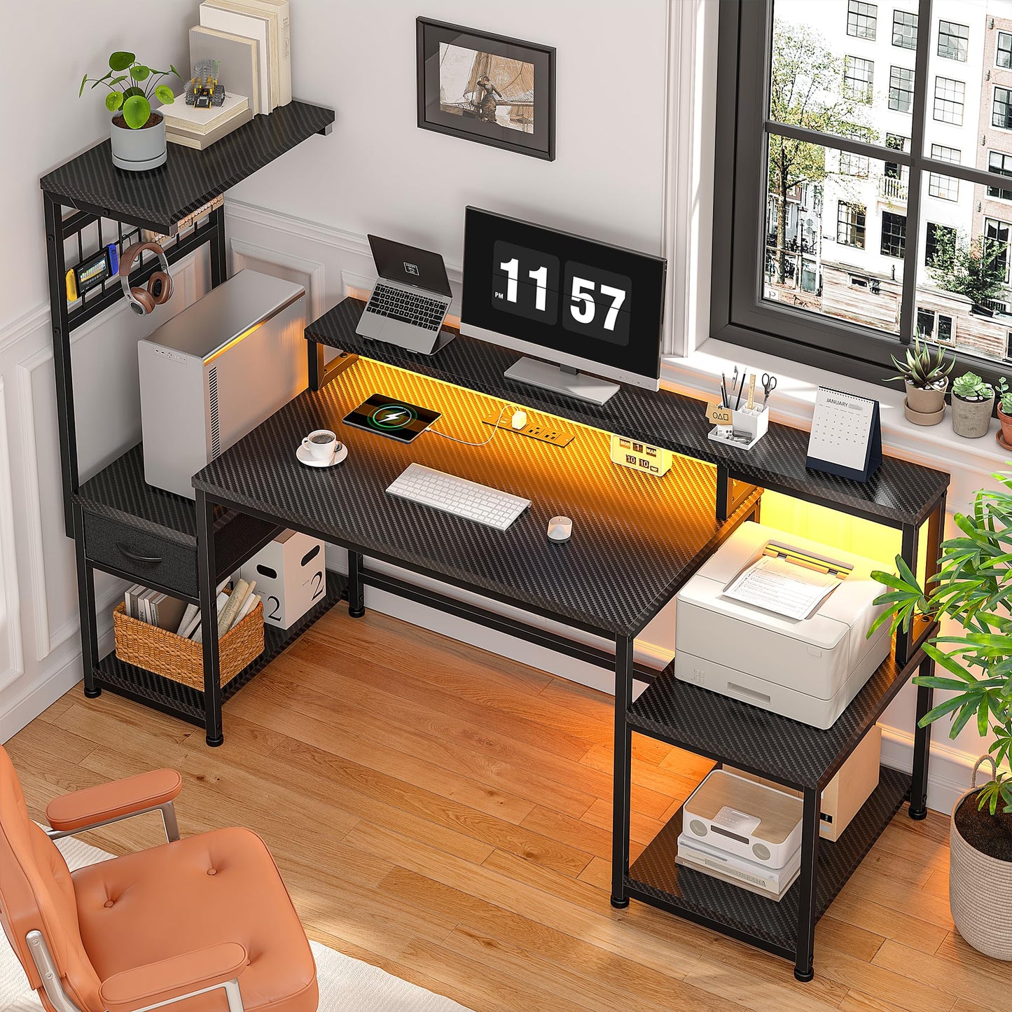 DurayLoly 55" Gaming Desk with LED Lights & Outlets,Computer Desk with Drawers & Monitor Stand,Gaming Table with Storage Shelves & Printer Space for Game Room,Study Room,Home Office,Bedroom,Black