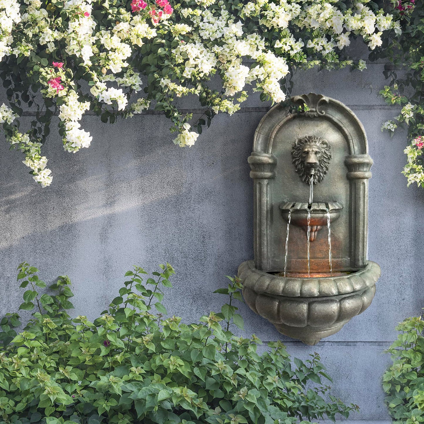 Teamson Home 32.1 in. Wall-Mounted Lion Head Stone LED Outdoor Water Fountain for Gardens, Landscaping, Patios, Balconies, Lawns to Create a Calming Oasis in Outdoor Living Spaces, Antique Bronze