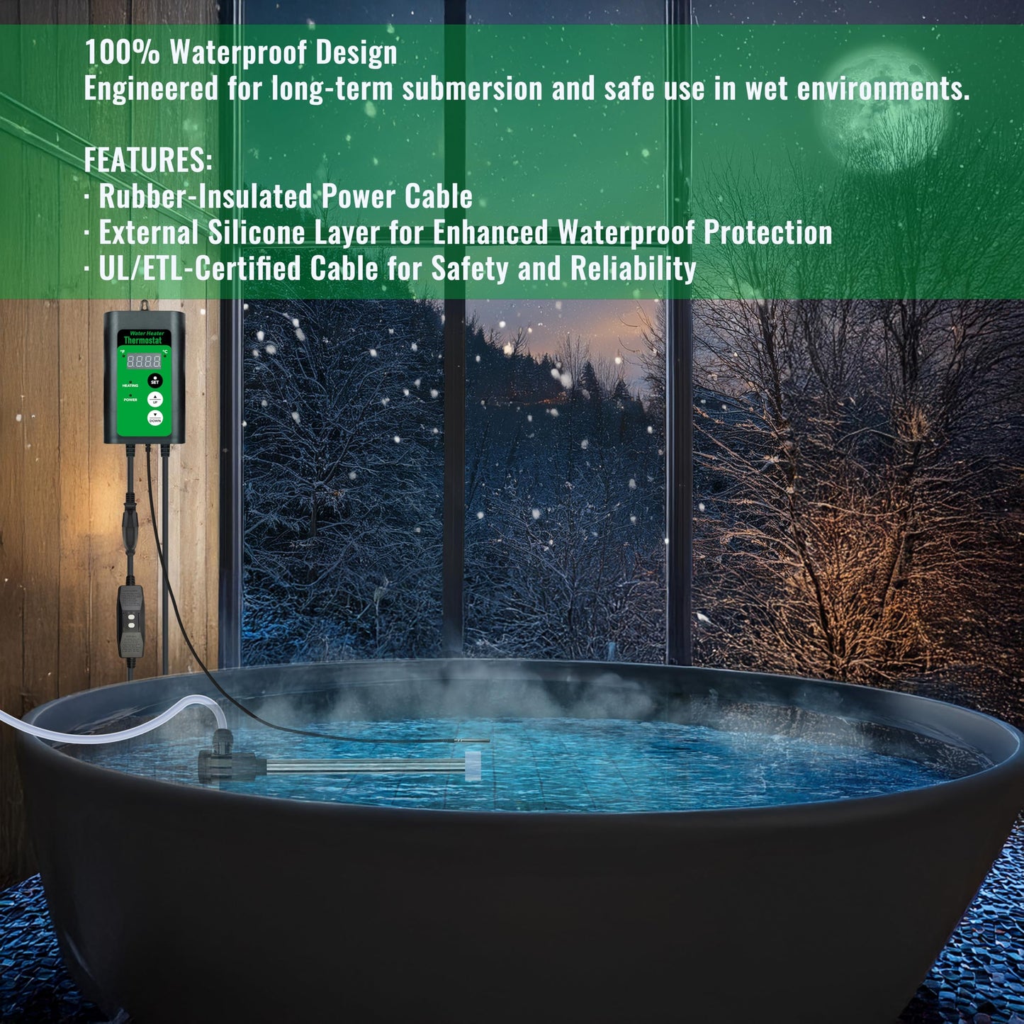 3500W 240V Immersion Water Heater of Hot Tub & Inflatable Pool – Portable Fully Submersible Electric Heater with Thermostat & GFCI for Bathtub, Sap, Above Ground/Inground Pool & Baptismal Pool etc