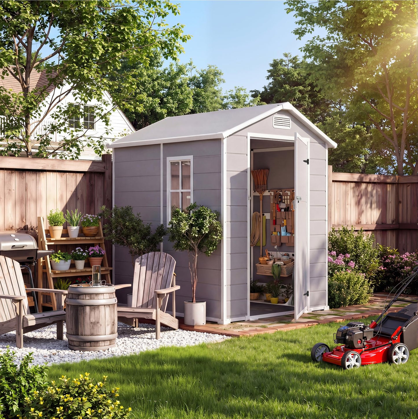 Plastic Outdoor Storage Shed with Floor & Window, 4x6 ft Resin Garden Shed for Patio, Lawn Mower, Bike & Tool, Waterproof Outdoor Storage with Lockable Door & 2 Vents & Sloped Roof for Backyard