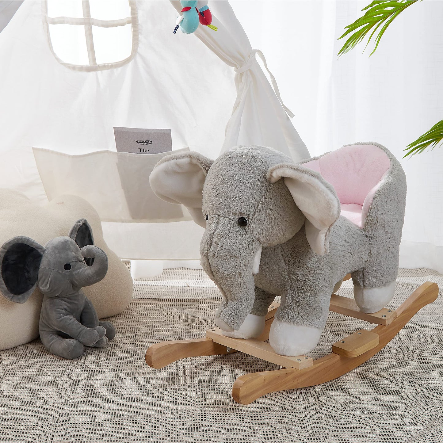 Elephant Baby Rocking Horse Wooden Rockers with Base Seat Safety Belt and 1 Pcs Elephant Plush Stuffed Animals Toy for Toddlers 1-3