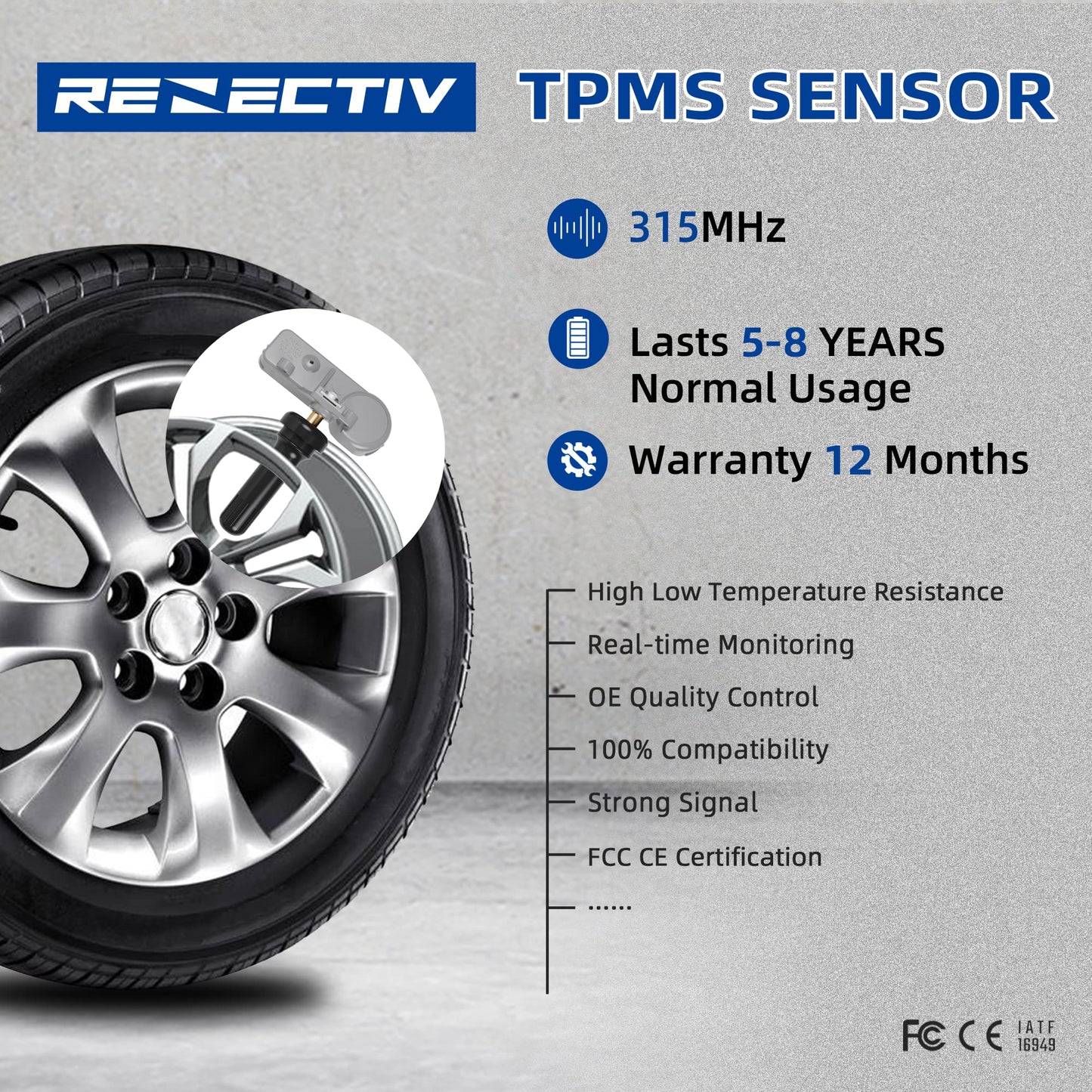 RENECTIV TPMS Sensor GM,315Mhz Tire Pressure Monitoring System Sensor Compatible for GM Chevy Buick GMC Pontiac Hummer Saturn Replaces#13581558 13581558 13598771 13598772