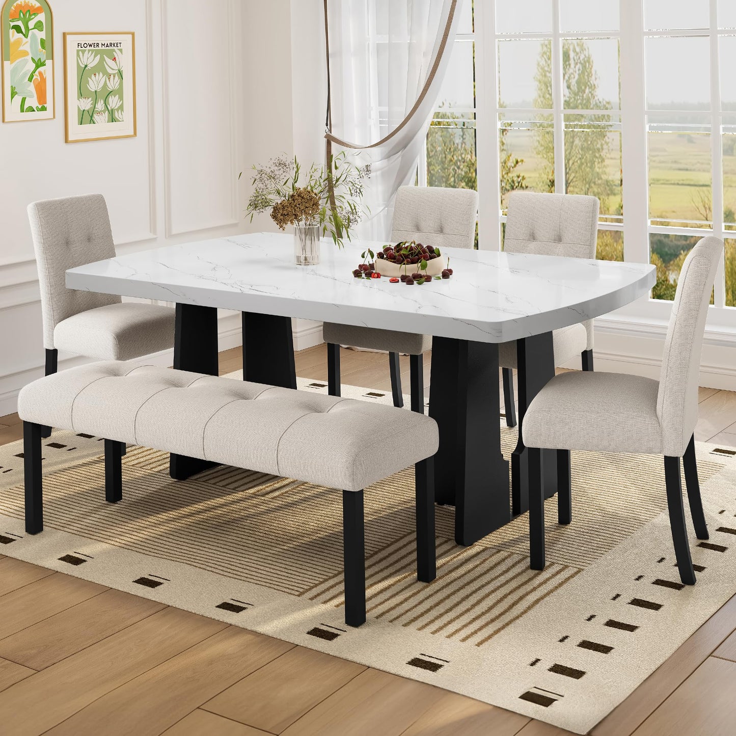 Merax 6-Piece Dining Table Set with Modern Faux Marble Oval Kitchen Tabletop, Four Upholstered Chairs and One Bench for Dining, Living Room, Kitchen, Easy Assembly, White+Beige