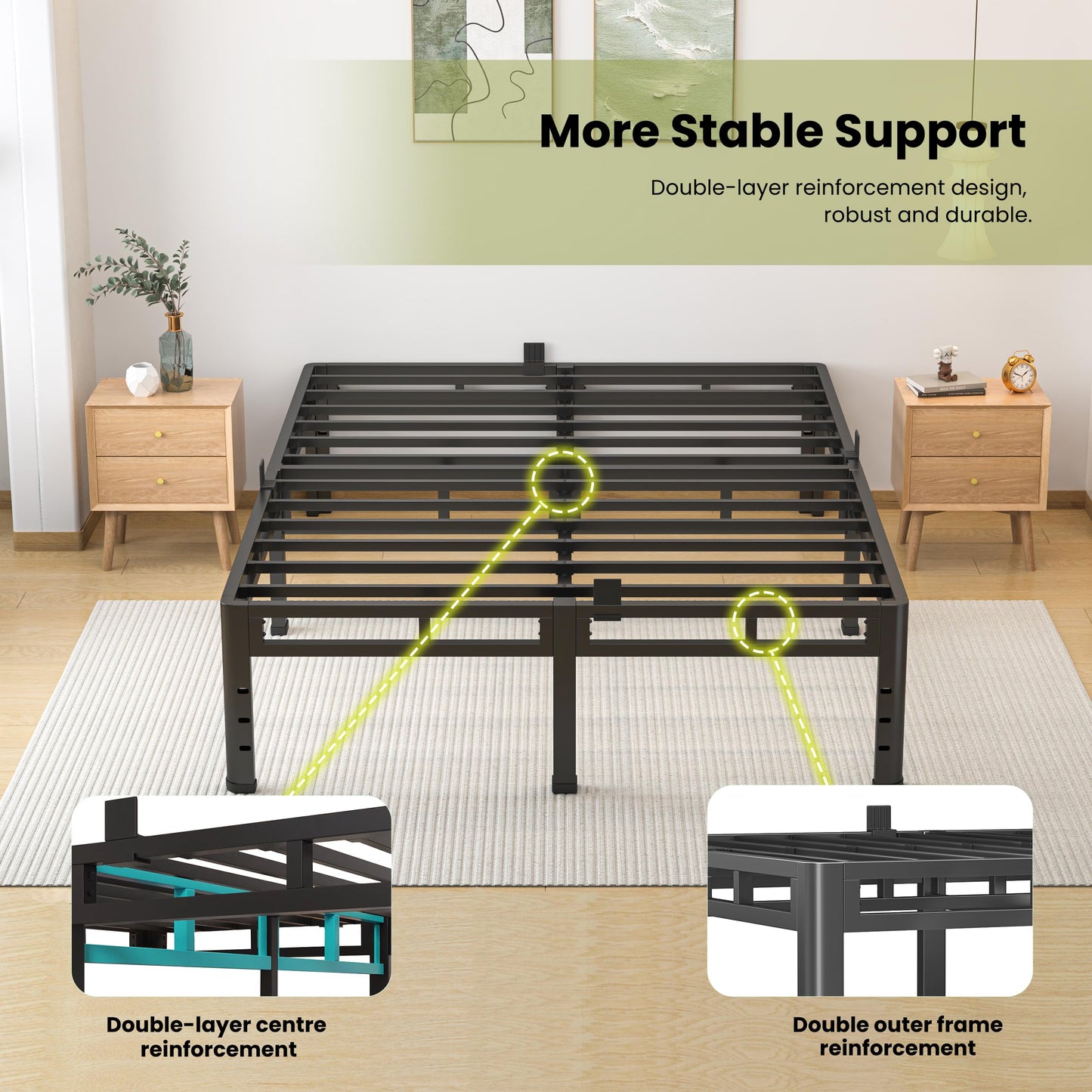 NKZ Queen Size Bed Frame 14 Inch, Metal Bed Frame & Box Spring 2 in 1 Platform with Round Corner Legs, 4000lbs Weight Capacity Reinforced Metal Frame, Headboard Hole, Noise-Free, Easy Assembly