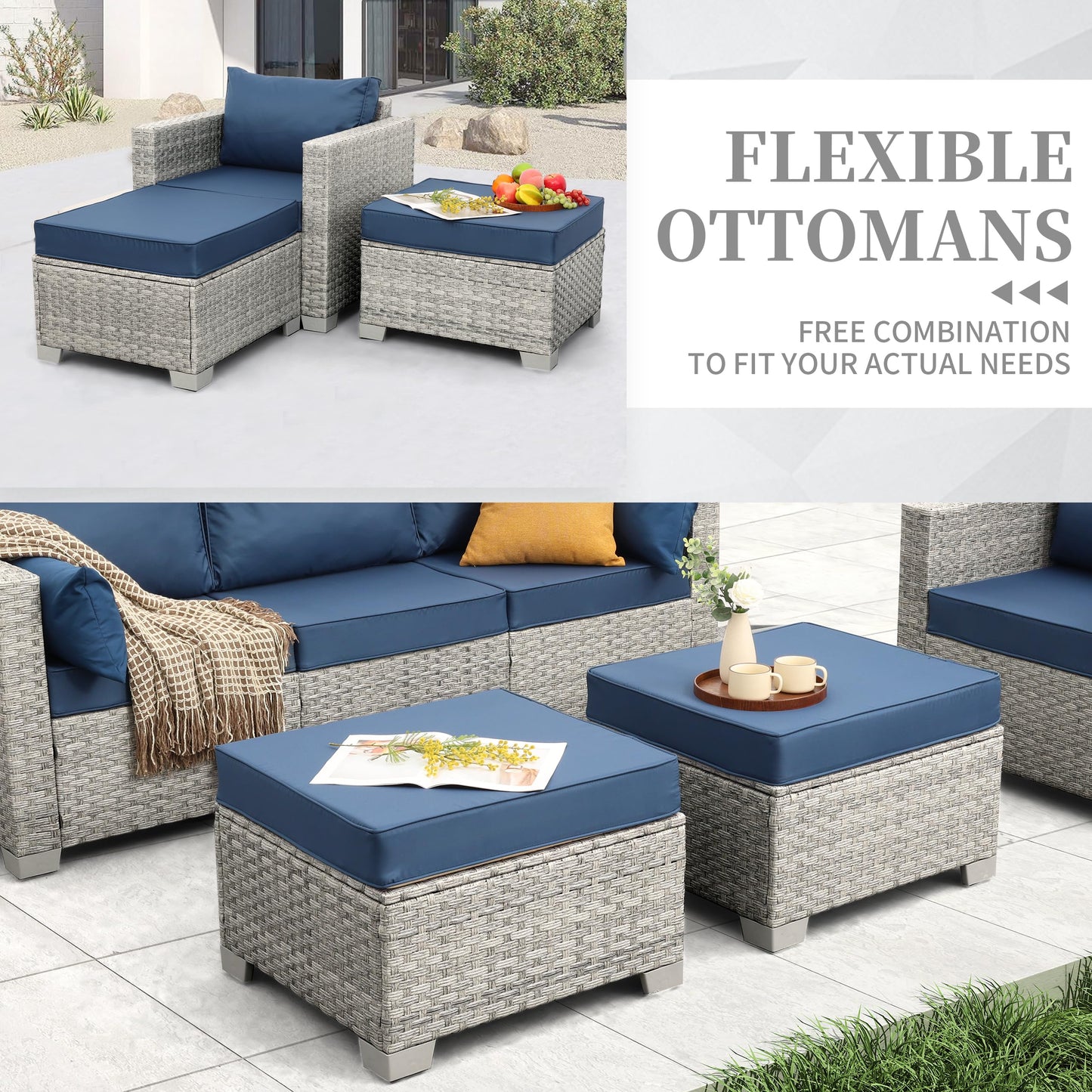 WAROOM Patio Furniture Set 6 Piece PE Rattan Outdoor Conversation Sets Grey Wicker Couch Sectional Sofa with Storage Coffee Table and Navy Blue Cushion