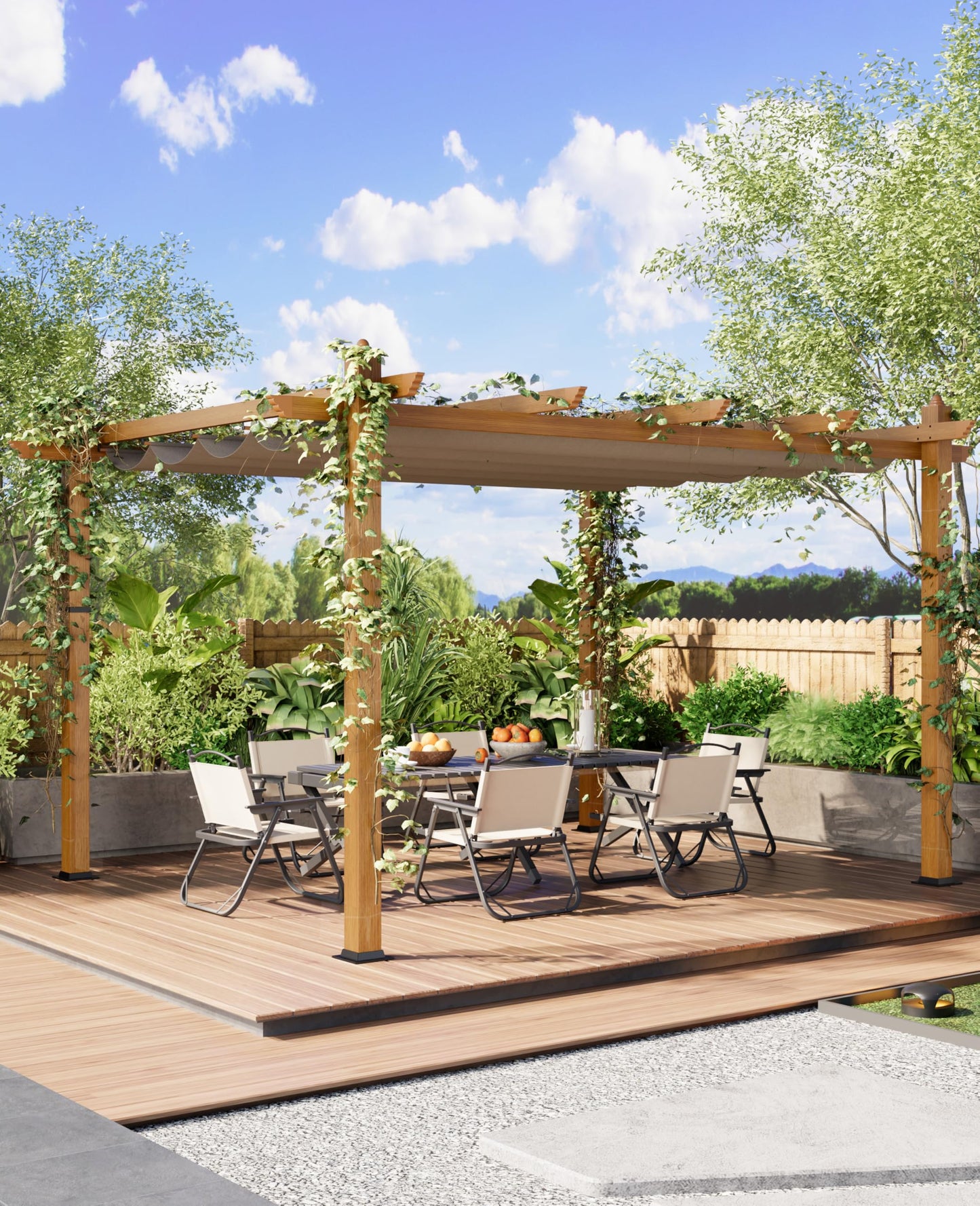 Garvee 10x13 ft Outdoor Pergola with Retractable Canopy – Upgraded Aluminum Faux Wood Grain Metal Patio Pergola for Modern Backyard Deck, Porch, Grape Trellis in Khaki