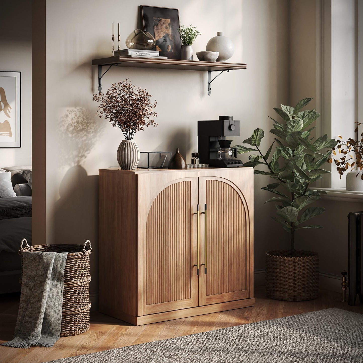 BELLEZE Modular Sideboard with Double-Arc Wood Doors, Small Arched Buffet Cabinet with Storage and Adjustable Shelves, Classic Modern Credenza for Dining Room, Living Room, or Entryway(Camel)